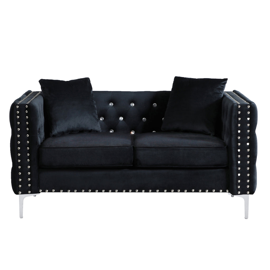 59.4 Inch Wide Black Velvet Sofa with Jeweled buttons,Square Arm ,2 Pillows - Grand Goldman Shop