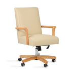 Dumont Modern Farmhouse High Back Executive Home Office Chair, Neutral Cream Beige Leather & Natural Wood | Premium Home Deco