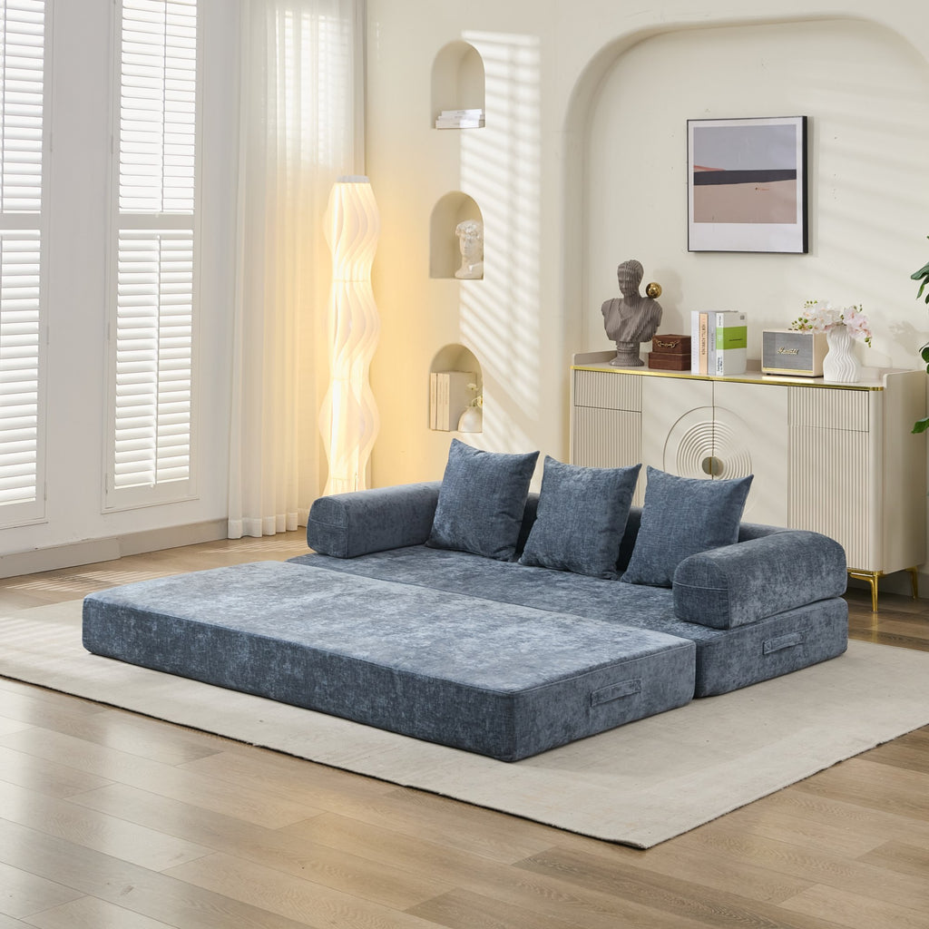 Comfy Convertible Folding Mattress Couch, Floor Sofa Bed, Chenille Floor Sofa with Armrest, Floor Sofa Lounge Couch for Living Room Bedroom Lounge Studio-Blue - Grand Goldman Shop