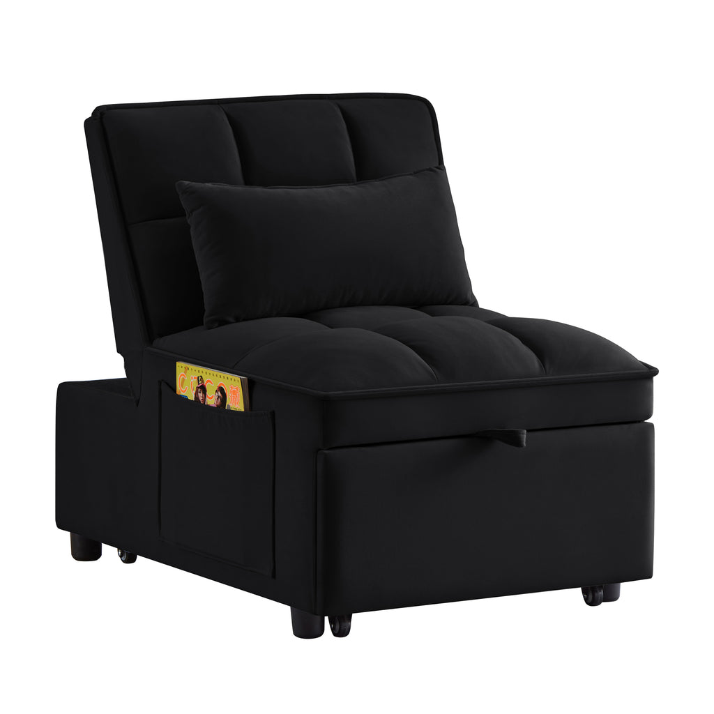 4 in1 Multi-Function Single Sofa Bed with Storage Pockets,Tufted Single Pull-out Sofa Bed with Adjustable Backrest and Pillows ,Convertible  Chaise Lounge,Black - Grand Goldman Shop