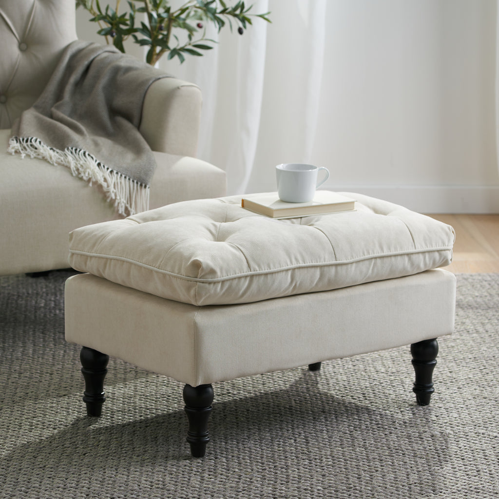 LOFTON Pillow Top Ottoman with Button Tufting in Cream Fabric, 28 Inch - Grand Goldman Shop