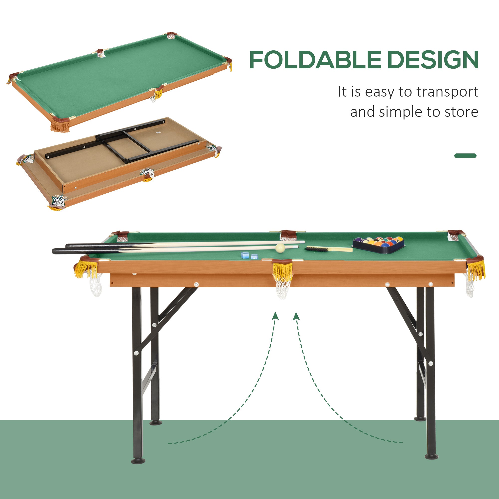 Soozier 55' Portable Folding Billiards Table Game Pool Table for Whole Family Number Use With Cues, Ball, Rack, Chalk, Green 