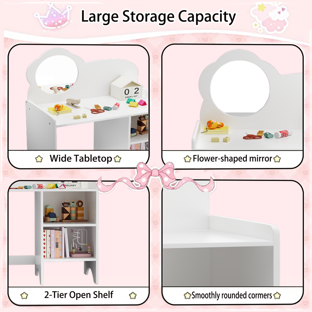 Kids Vanity Table with Mirror and Chair, Wooden Children's Dressing Makeup Desk with Storage Shelves, Study and Activity Tabl