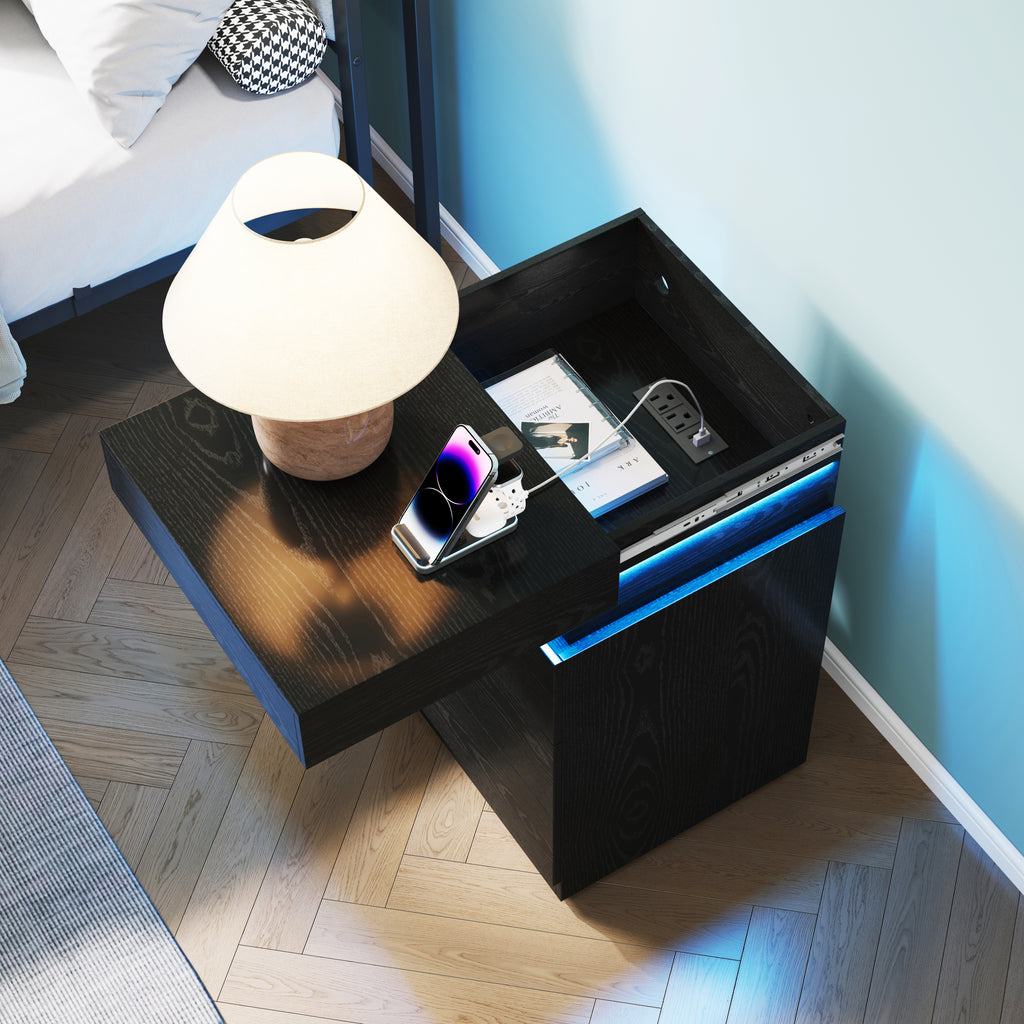 Nightstand with Built-In Charging Station and LED Lighting, 3-Drawer Sliding-Top Modern Bedside Table, Black Wooden End Table - Grand Goldman Shop