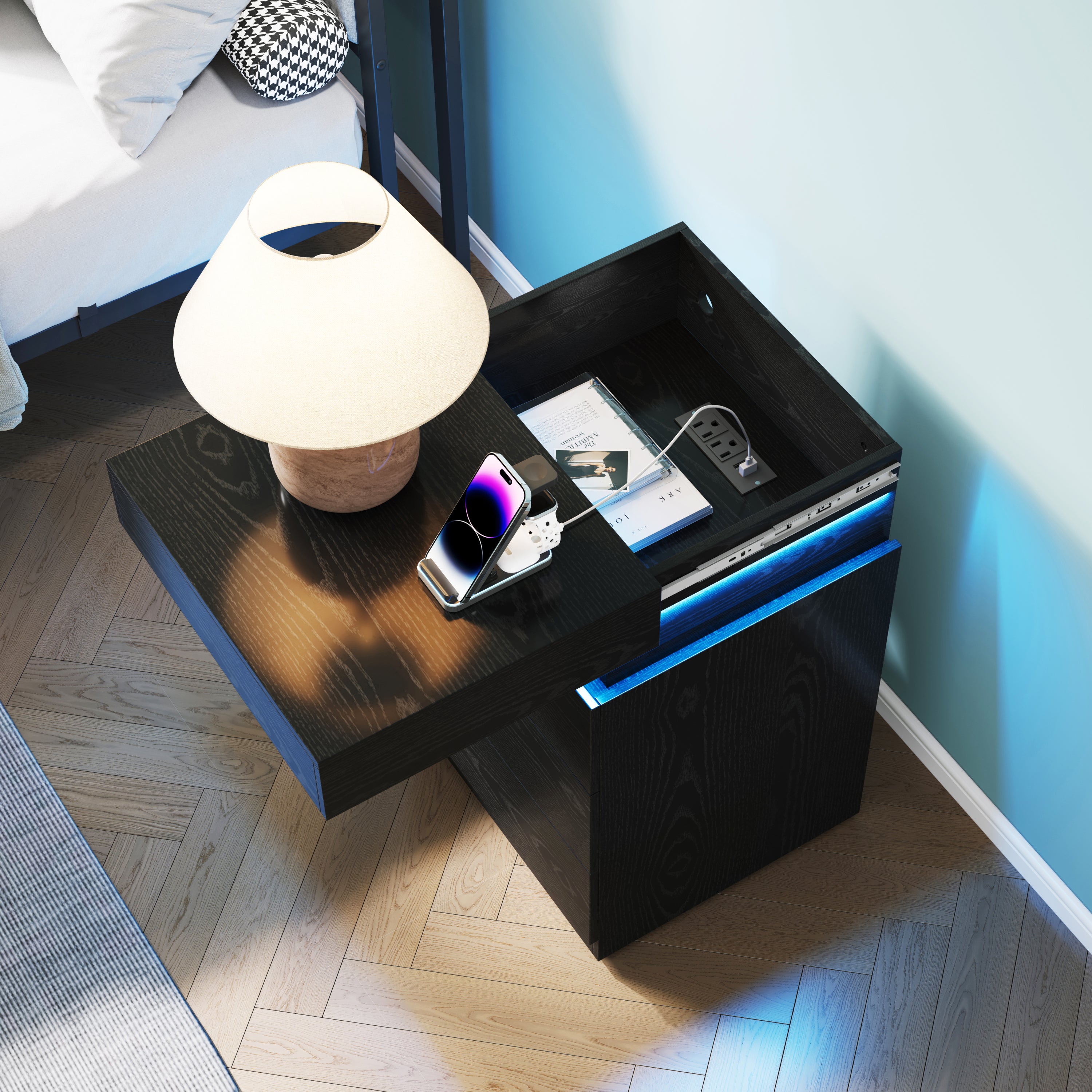 Nightstand with Built-In Charging Station and LED Lighting, 3-Drawer Sliding-Top Modern Bedside Table, Black Wooden End Table - Grand Goldman Shop