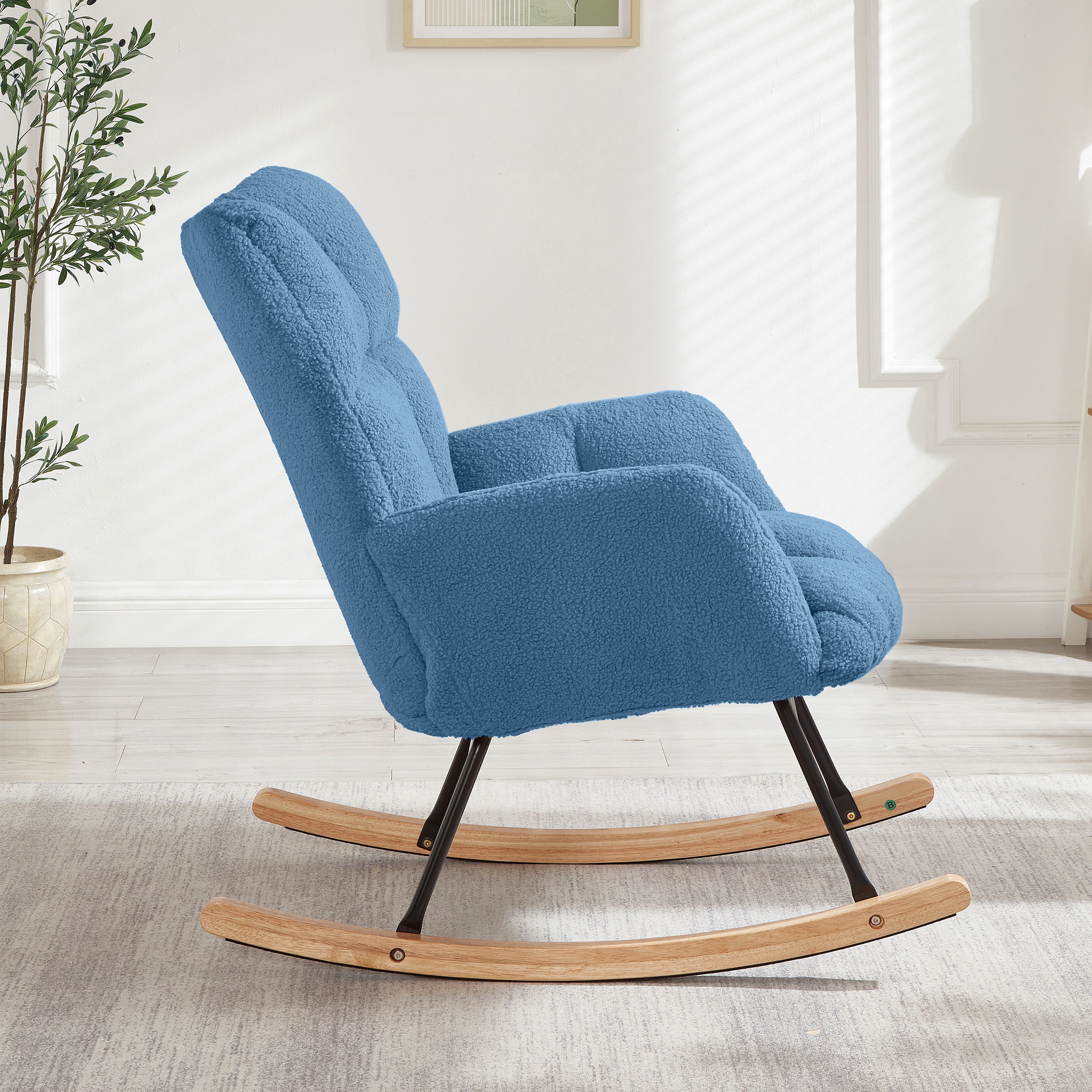 Glider Chair for Living Room Tufted Upholstered Teddy Fabric Rocking Chair with Metal Frame Accent Chair Blue - Grand Goldman Shop