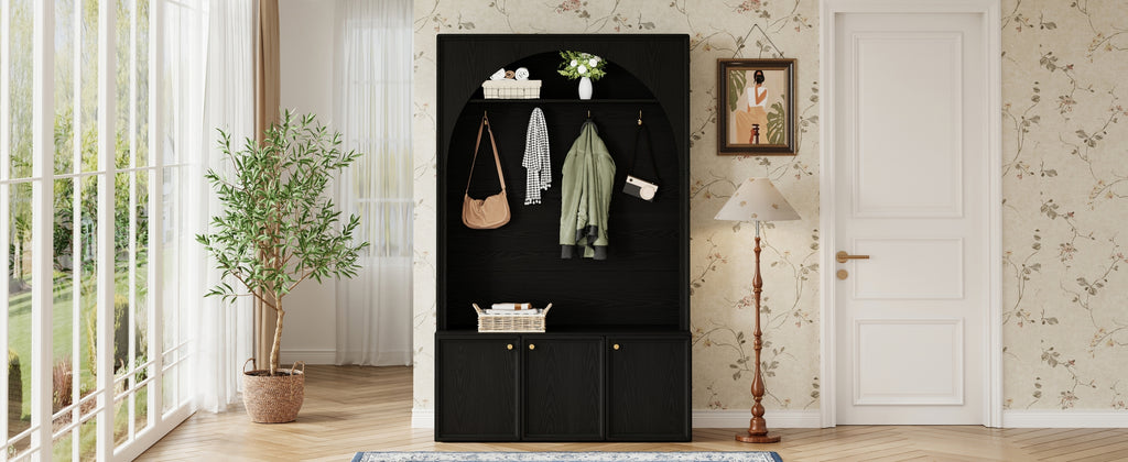 ON-TREND Farmhouse All-in-One Hall Tree with Adjustable Shelves, Retro Arched Entryway Storage Bench with 3 Cabinets, Wooden Coat Rack Organizer with 4 Golden Hooks for Mudroom, Hallway, Black - Grand Goldman Shop