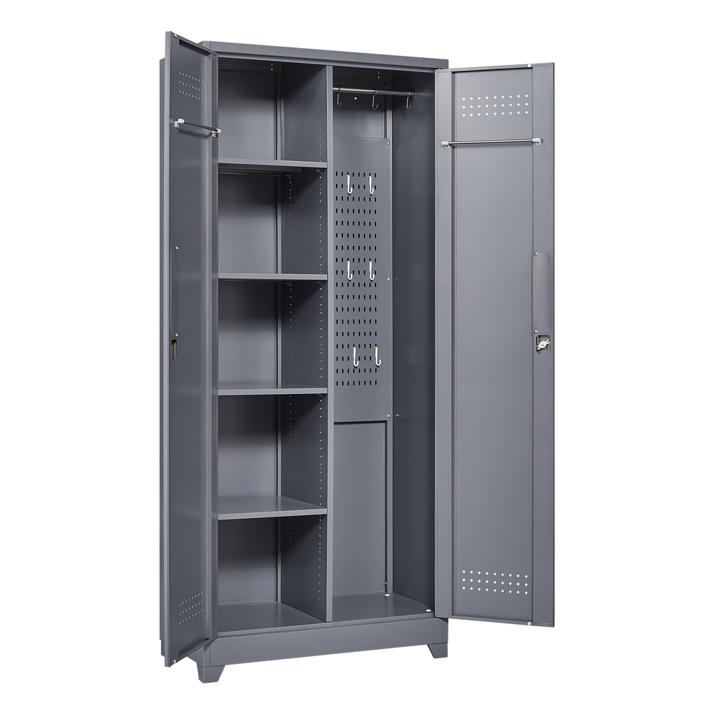 Gray And White Color Metal Lockers, Cleaning Tool Cabinets With Locking Doors, High Broom Tool Storage Cabinets, Adjustable S