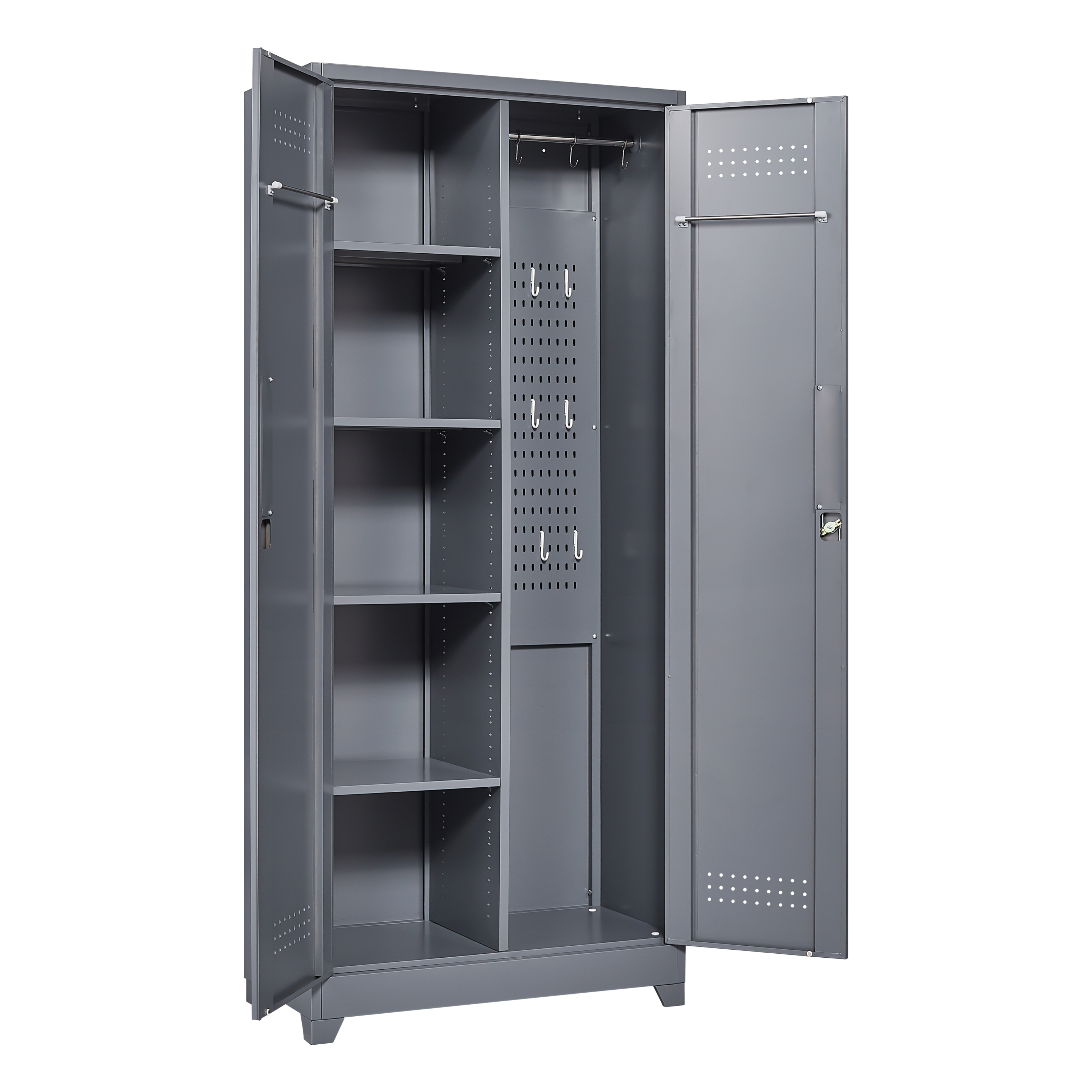 Gray And White Color Metal Lockers, Cleaning Tool Cabinets With Locking Doors, High Broom Tool Storage Cabinets, Adjustable S