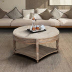 Large Round Waterproof Ottoman Coffee Table 2 Tier Oversized Button Tufted Ottoman with Wooden Shelf Storage Farmhouse Upholstered Coffee Table Living Room Footstool Ottoman Linen - Grand Goldman Shop