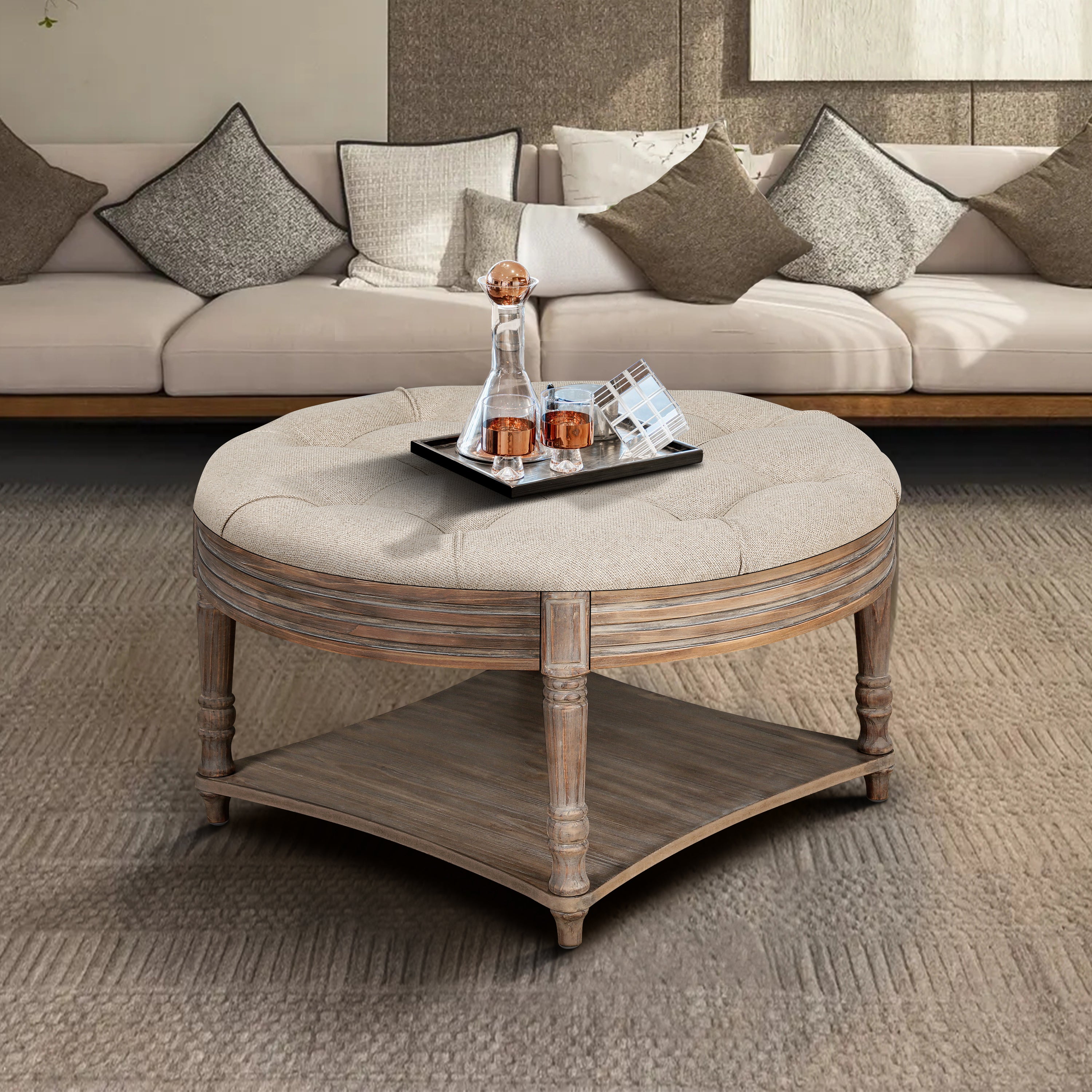 Large Round Waterproof Ottoman Coffee Table 2 Tier Oversized Button Tufted Ottoman with Wooden Shelf Storage Farmhouse Upholstered Coffee Table Living Room Footstool Ottoman Linen - Grand Goldman Shop