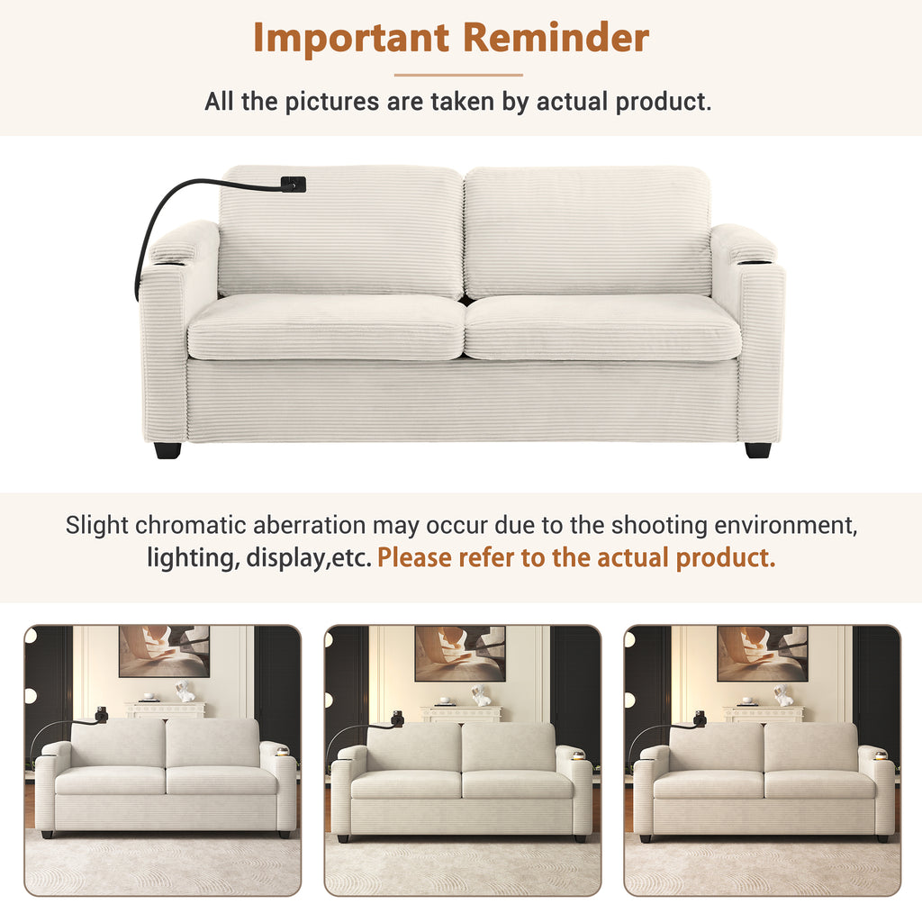 Beige Corduroy Sleeper Sofa Loveseat with Full Size Mattress, USB Ports, Cup Holders, Side Pockets, Phone Holder - Grand Goldman Shop