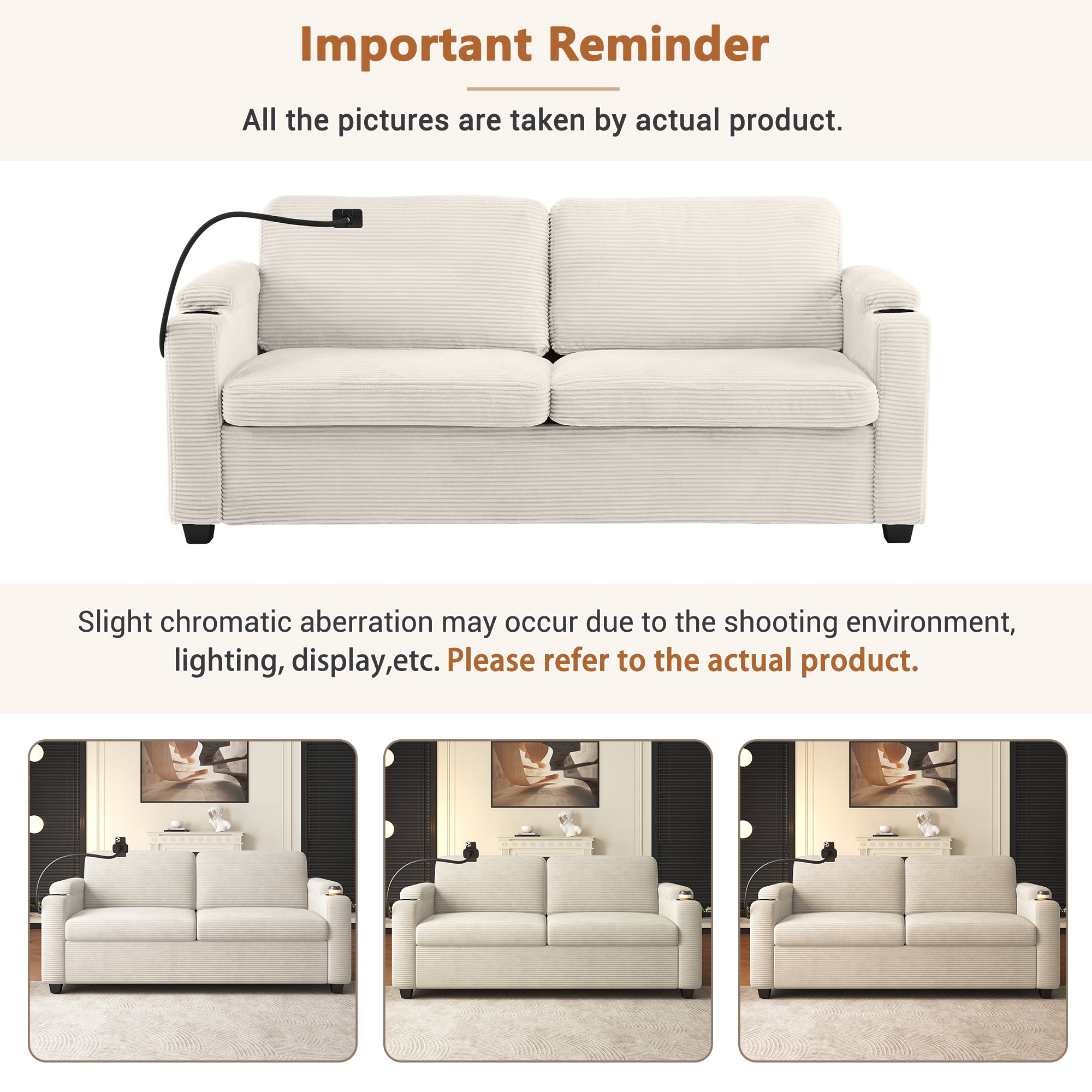 Beige Corduroy Sleeper Sofa Loveseat with Full Size Mattress, USB Ports, Cup Holders, Side Pockets, Phone Holder - Grand Goldman Shop
