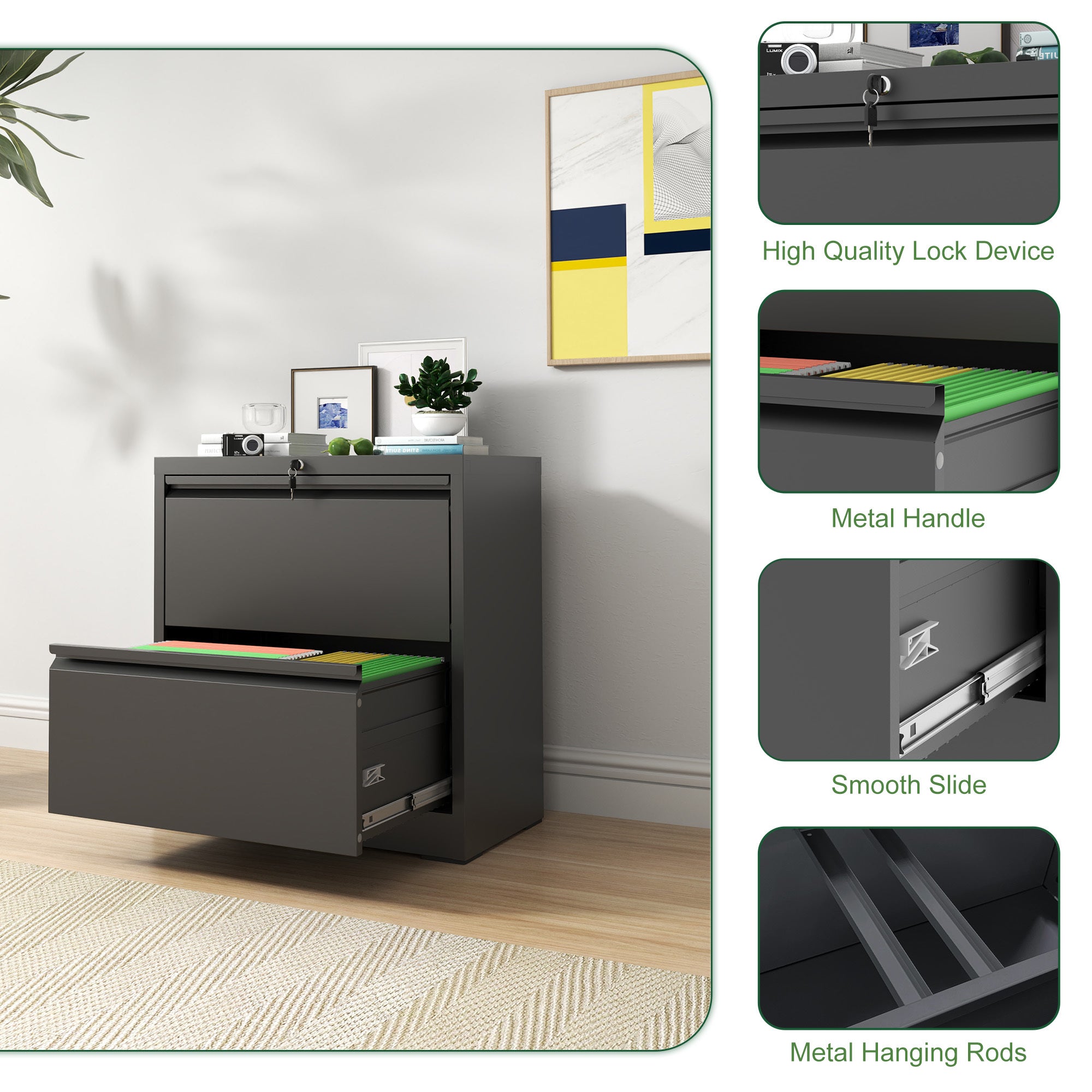 Premium 2 Drawer Metal Lateral File Cabinet with Lock, Black Steel Wide Horizontal Filing Cabinets for Home Office - Grand Go