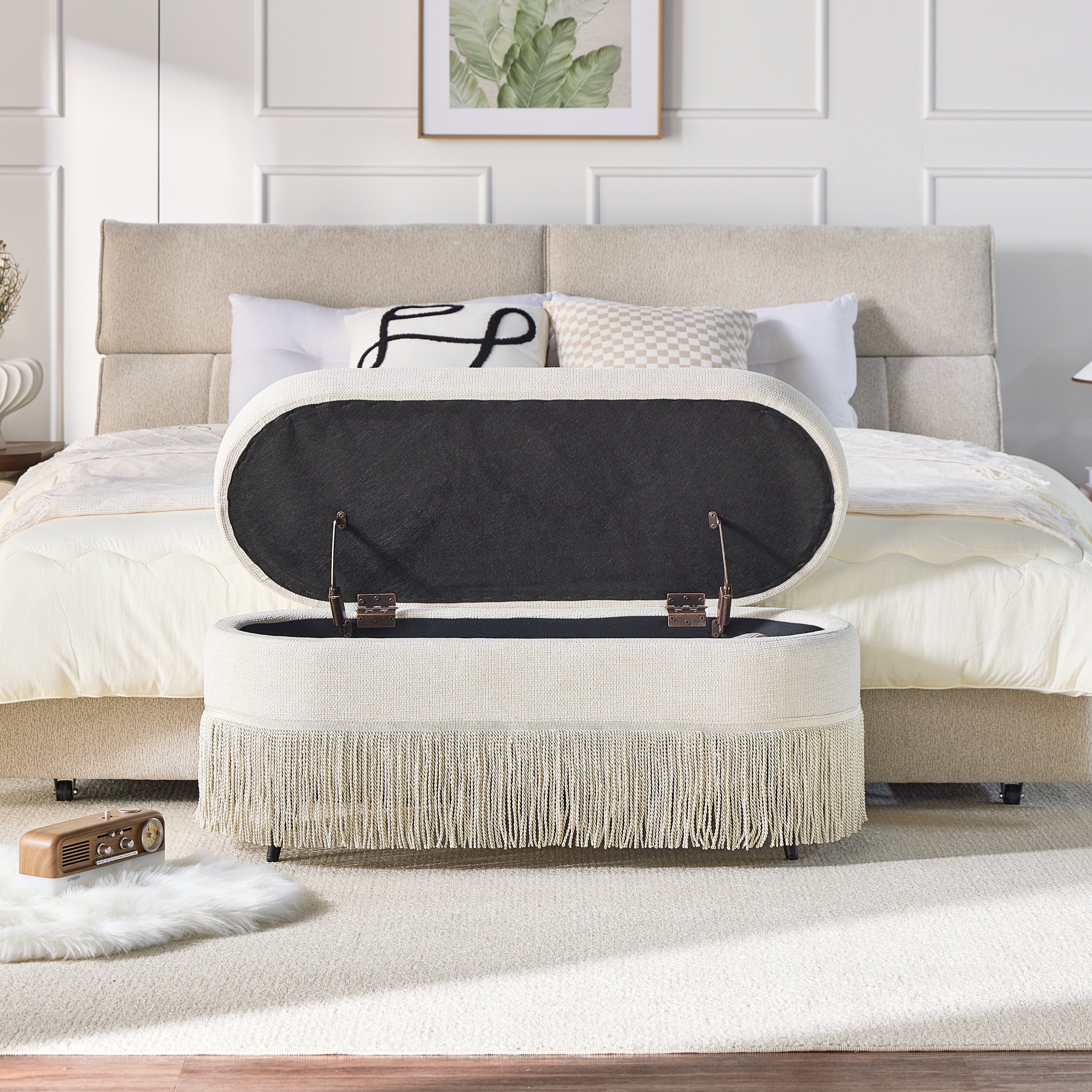 Oval Upholstered Storage Ottoman with Fringe Trim & Lift-Top Lid - 39'L x 16'W x 17'H, Multi-Functional Footrest & Hidden Storage for Living Room or Bedroom - Beige Fabric with Metal Frame - Grand Goldman Shop