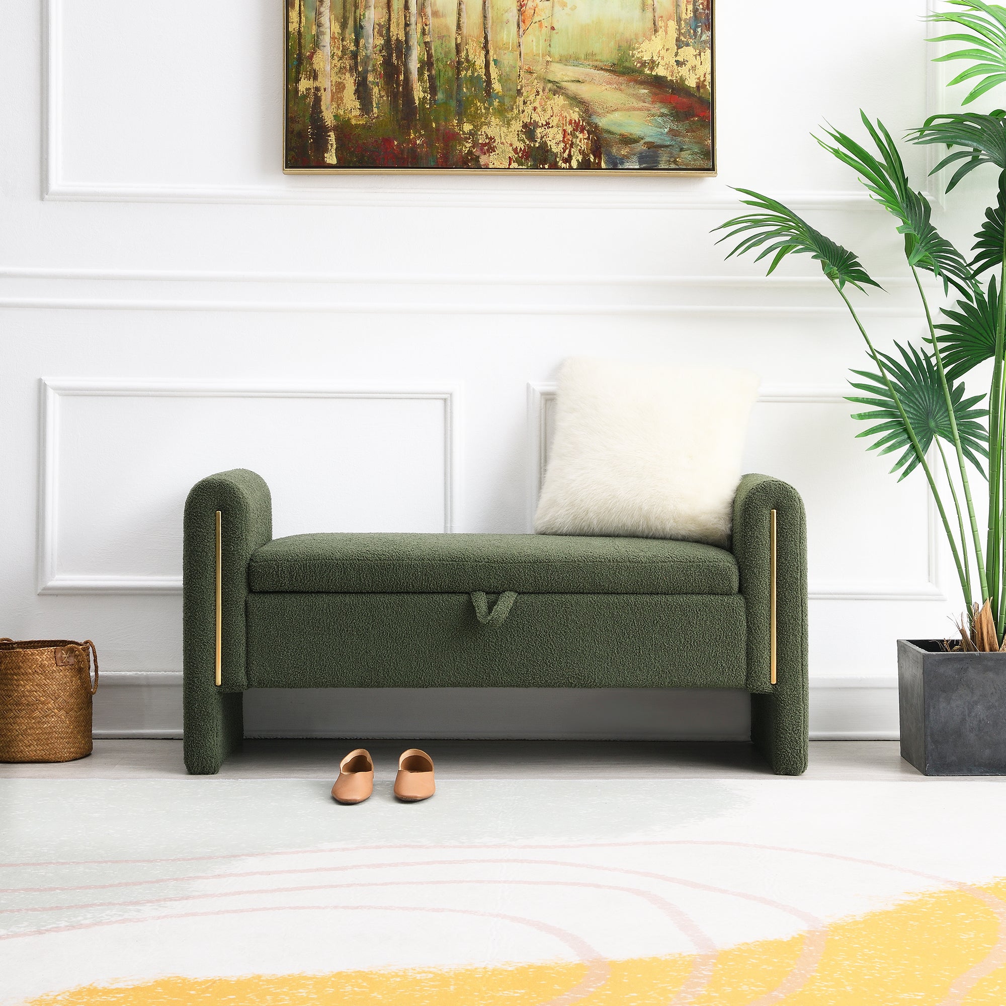 Modern Teddy Bed End Bench with Arms and Storage, Upholstered Foot Rest Stool in Olive Green, Plywood, 52.3'' - Grand Goldman Shop