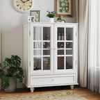 Minimalist White Buffet Cabinet with Double Glass Doors and Drawer, Modern Wooden Storage Sideboard Cupboard for Living room, Dining Room Hallway Entryway - Grand Goldman Shop