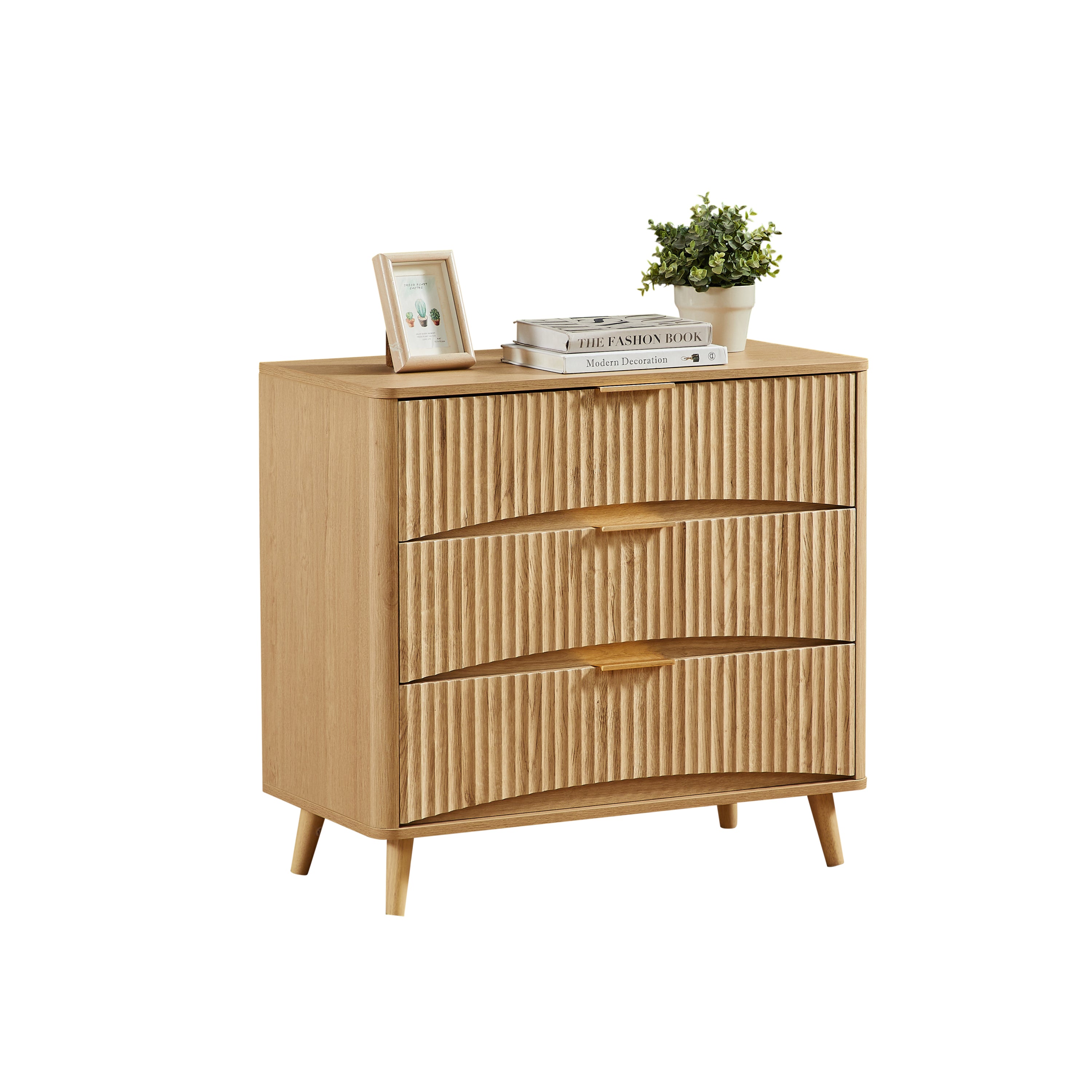 Fluted 3 Drawer Dresser, Modern Tall Chest of Drawers with Vertical Grooved Design, Wood Storage Cabinet with Metal Handles for Bedroom Living Room, Oak. (23.6'W x 15'D x 30'H). - Grand Goldman Shop