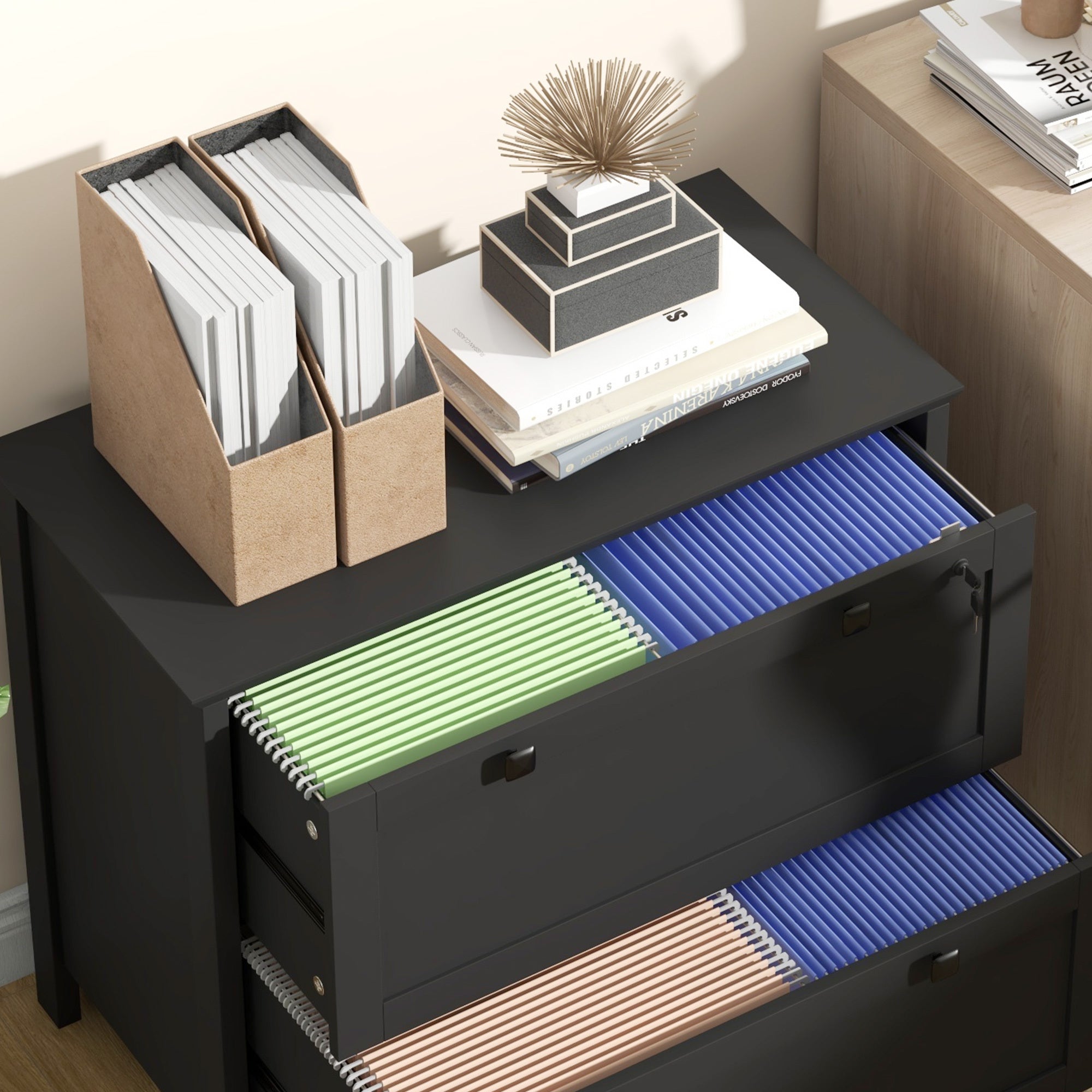 HOMCOM 2 Drawer File Cabinet with Lock, Lateral Filing Cabinet with Keys and Adjustable Hanging Bar for Letter, A4 and Legal 
