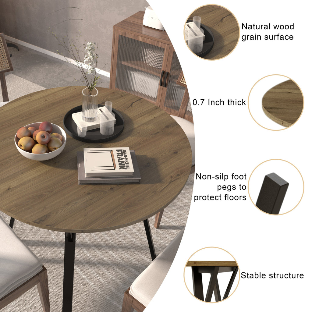 Modern Round Dining Table, Rustic Brown MDF Top with Black Metal Legs, 35.43 Inch Diameter for 2-4 People - Grand Goldman Shop