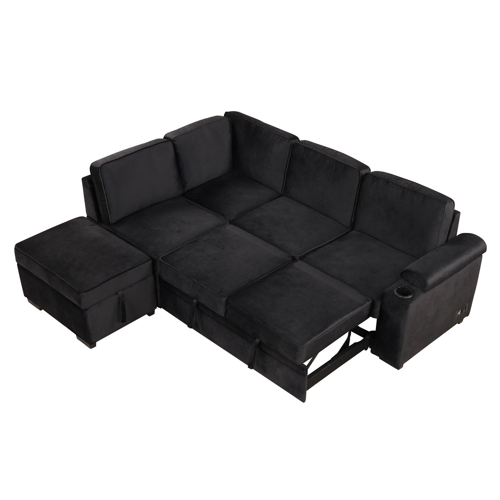 Modern Velvet Sleeper Sofa Bed with Storage Ottoman, Black, 84.75' L Shape - Grand Goldman Shop
