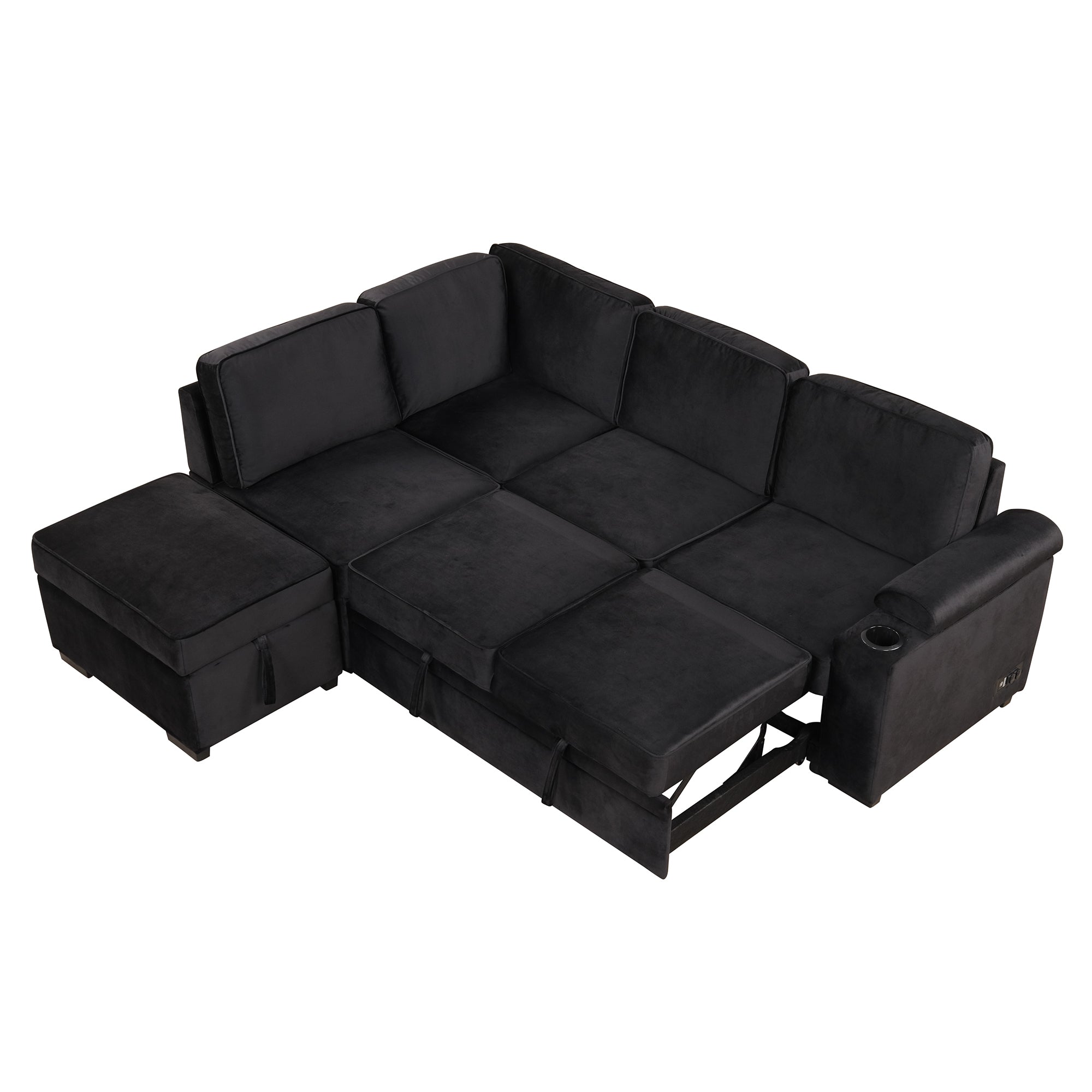 Modern Velvet Sleeper Sofa Bed with Storage Ottoman, Black, 84.75' L Shape - Grand Goldman Shop