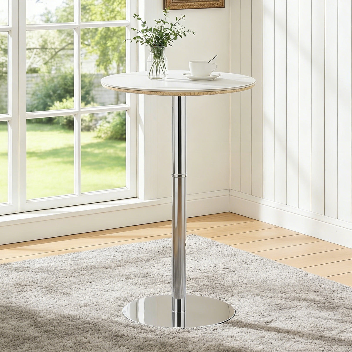 Rock slab circular tabletop non adjustable (39 inches high) bar table, bar table with silver legs and base (white) - Grand Goldman Shop