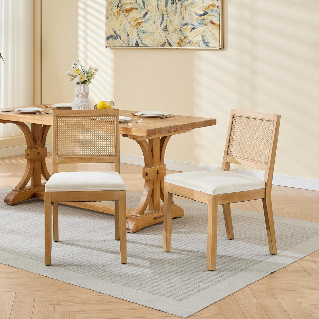 Farmhouse Rattan Dining Chairs Set of 2, Mid Century Modern Kitchen & Dining Room Chairs, Cane Upholstered Kitchen Side Chair with Natural Hardwood Frame, Beige - Grand Goldman Shop