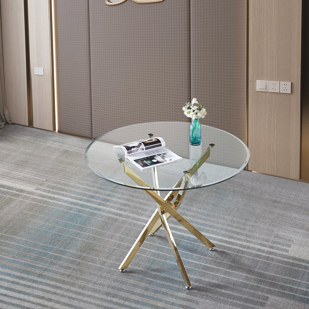 Contemporary Round Dining Table with Clear Tempered Glass and Gold Finish Stainless Steel Legs - Grand Goldman Shop