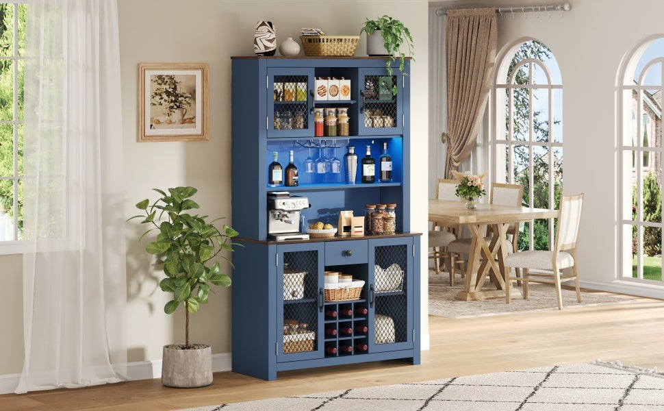 70.9' Kitchen Pantry Storage Cabinet Rustic Buffet Cabinet, Kitchen Hutch Cabinet with LED Outlets Food Pantry Cabinet with Doors and Shelves Wine Rack for Dining Room, Navy Blue - Grand Goldman Shop