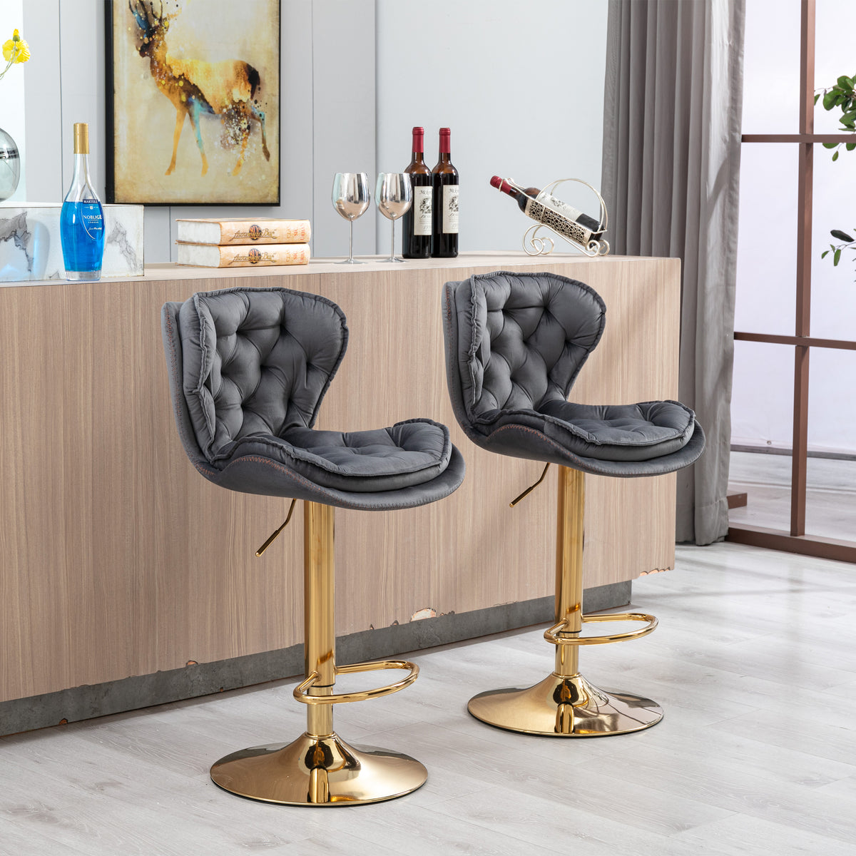 Set of 2  Bar Stools,with Chrome Footrest and Base Swivel Height Adjustable Mechanical Lifting Velvet + Golden Leg Simple Bar Stool-gray - Grand Goldman Shop