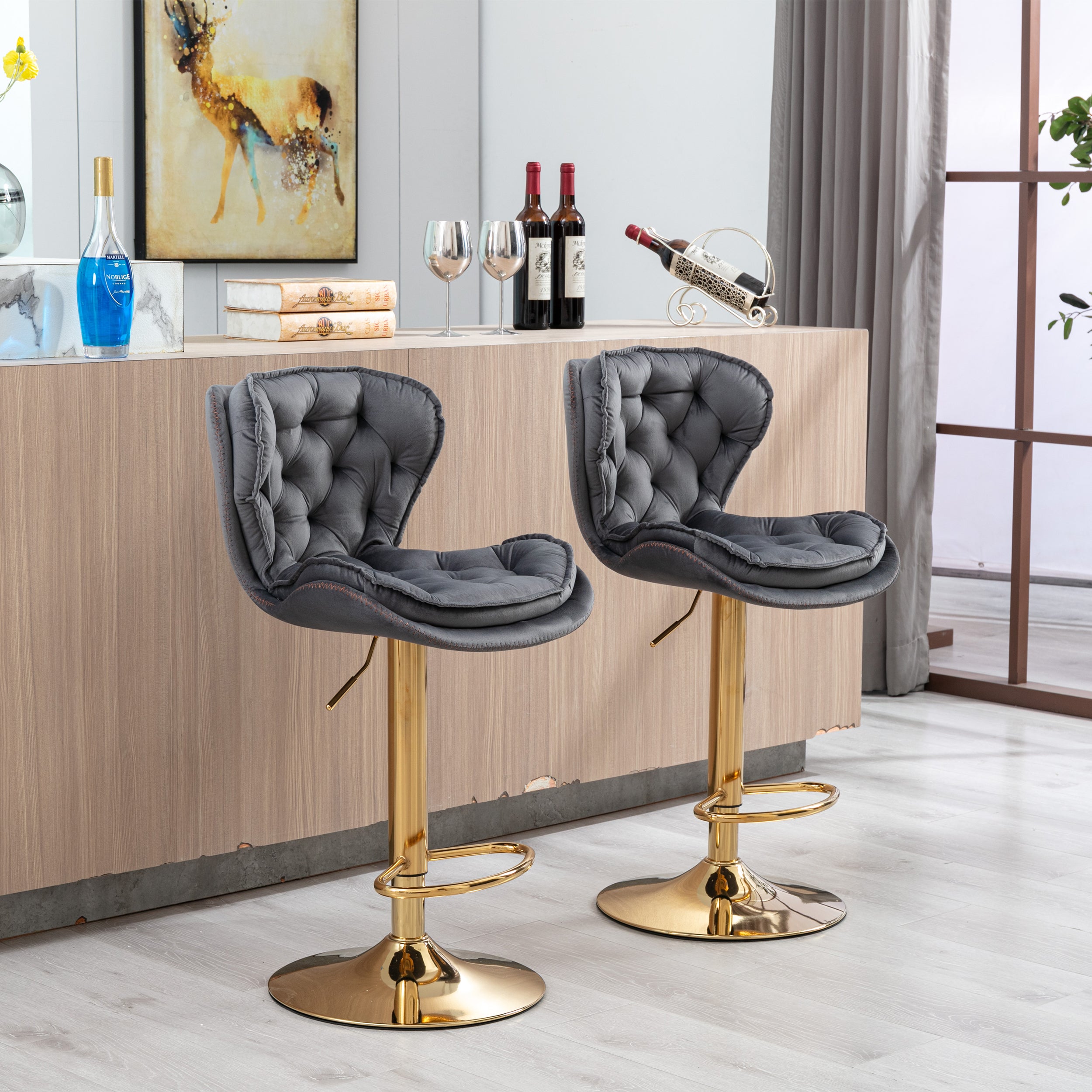 Set of 2  Bar Stools,with Chrome Footrest and Base Swivel Height Adjustable Mechanical Lifting Velvet + Golden Leg Simple Bar Stool-gray - Grand Goldman Shop