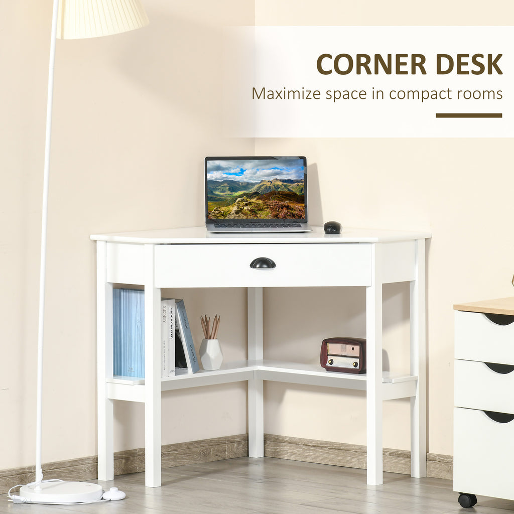 HOMCOM Corner Desk, Triangle Computer Desk with Drawer and Storage Shelves for Small Spaces, Home Office Workstation for Livi