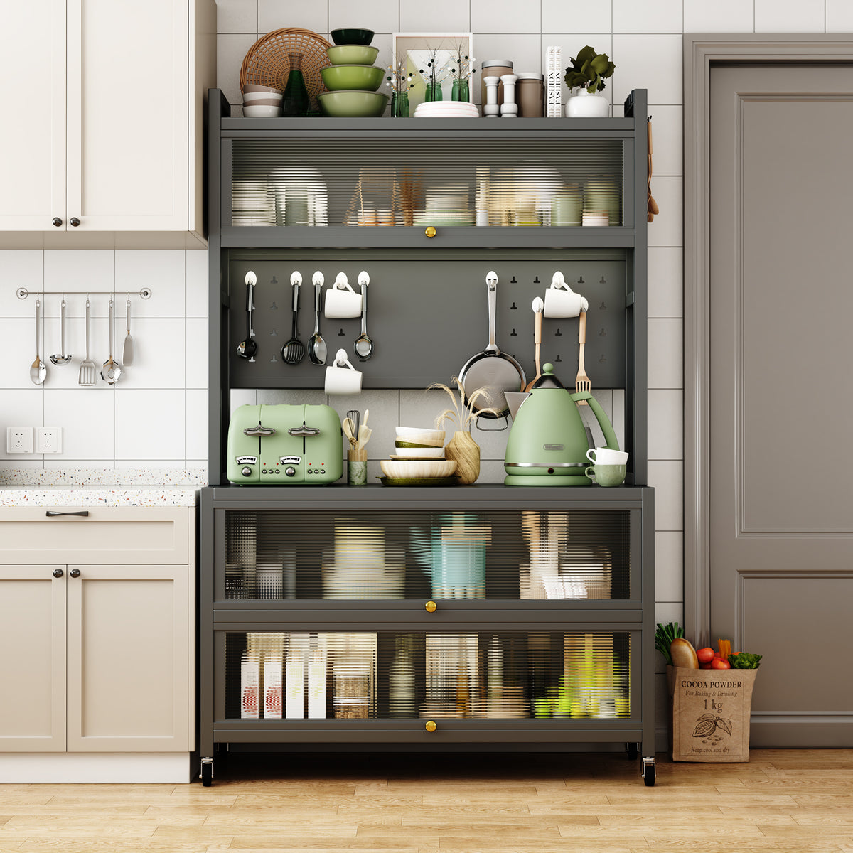 65'' Tall Kitchen Bakers Rack with Flip Door Cabinet, 5 Tier Multifunctional Microwave Stand Buffet, Coffee Bar, Quick Assembly, Gray - Grand Goldman Shop