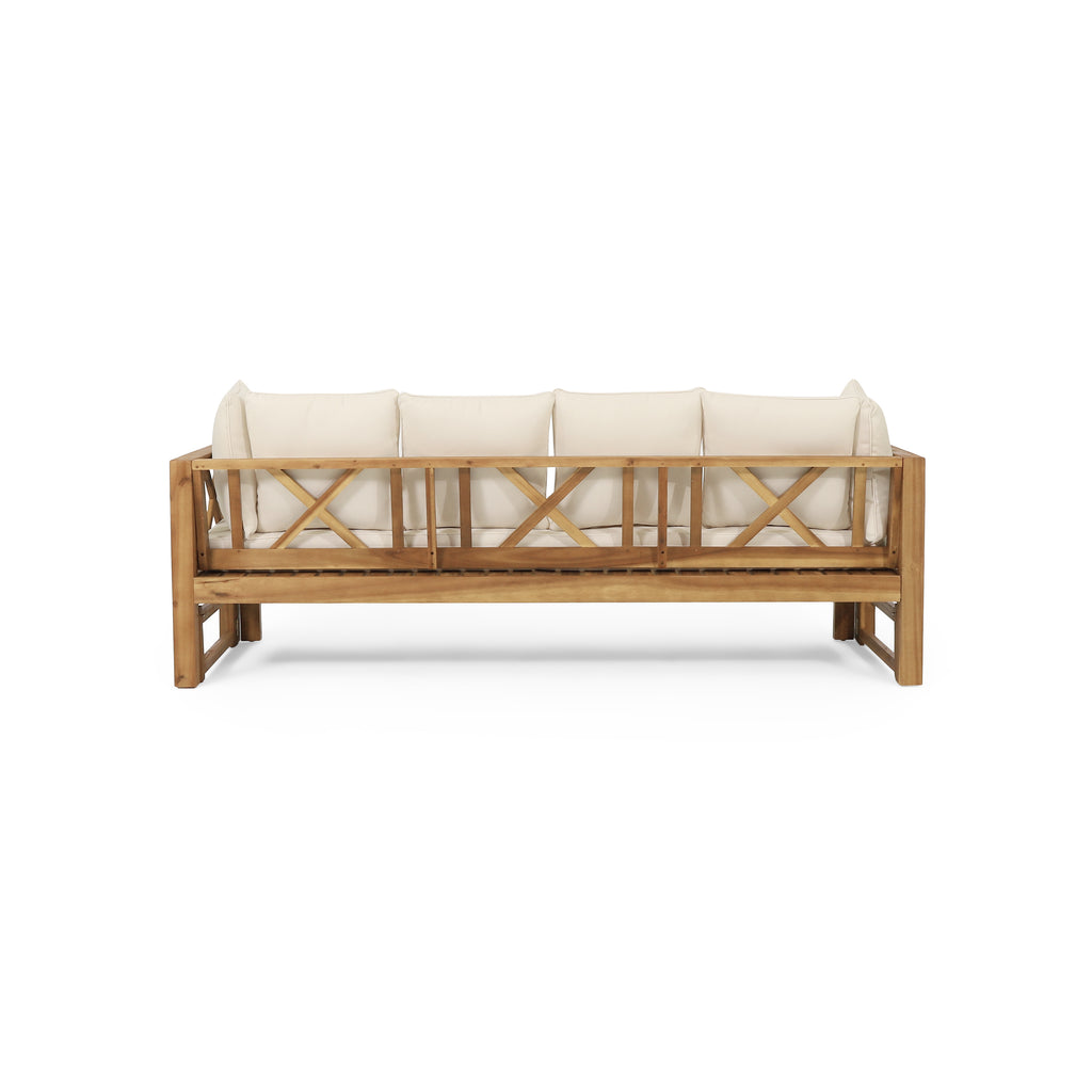 Outdoor Extendable Acacia Wood 3 Seater Sofa, Upholstered Cushion Couch, Daybed Sofa Chair, Spacious Seating Lounge Chair, Patio Daybed Sofa for Garden Yard - Grand Goldman Shop
