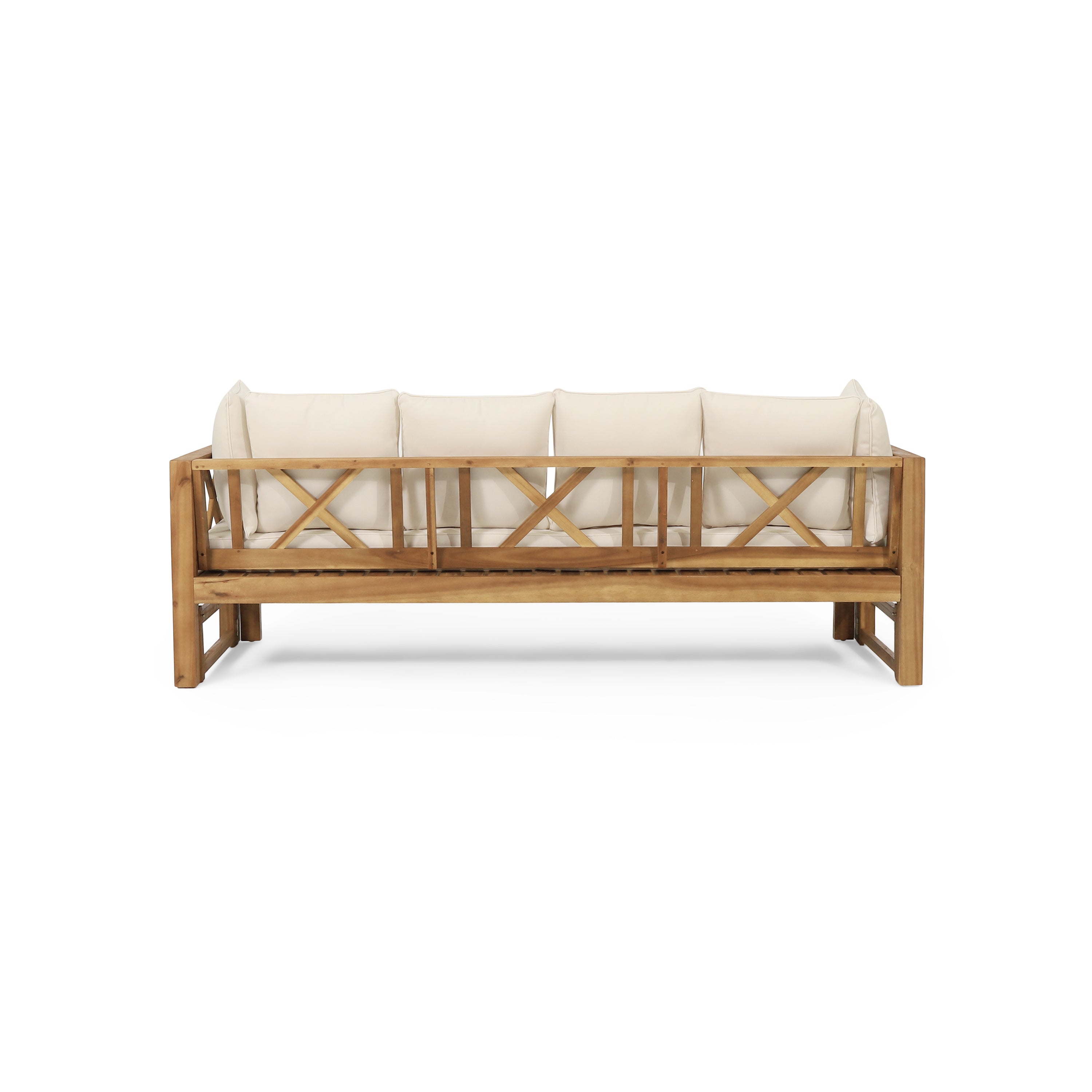 Outdoor Extendable Acacia Wood 3 Seater Sofa, Upholstered Cushion Couch, Daybed Sofa Chair, Spacious Seating Lounge Chair, Patio Daybed Sofa for Garden Yard - Grand Goldman Shop