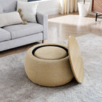Woven Rattan Fabric Round Storage Ottoman with 2-in-1 Function as End Table and Ottoman, Dark Yellow, 25'x25'x14.7' - Grand Goldman Shop
