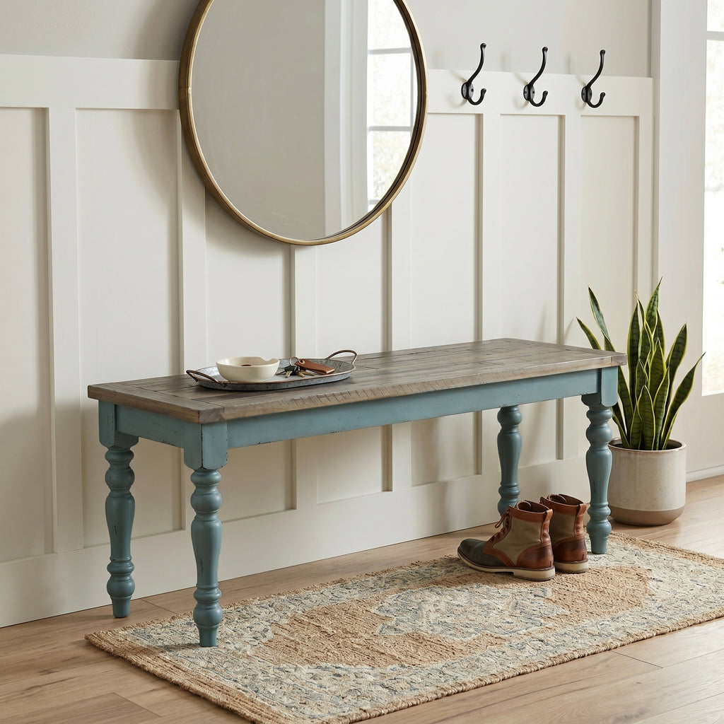 Prato Two-Tone Wood Upholstered Dining Bench, Antique Brown and Distressed Blue - Grand Goldman Shop