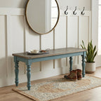 Prato Two-Tone Wood Upholstered Dining Bench, Antique Brown and Distressed Blue - Grand Goldman Shop