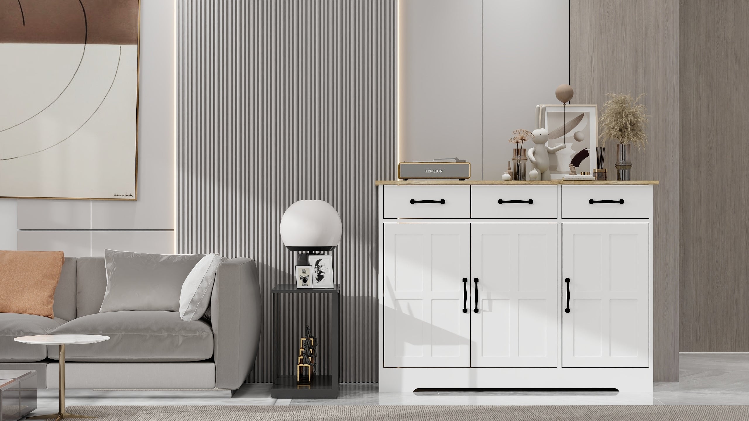 Farmhouse Buffet Cabinet Storage Sideboard with 3 Drawers and 3 Doors for Dining Living Room Kitchen Cupboard-White - Grand Goldman Shop