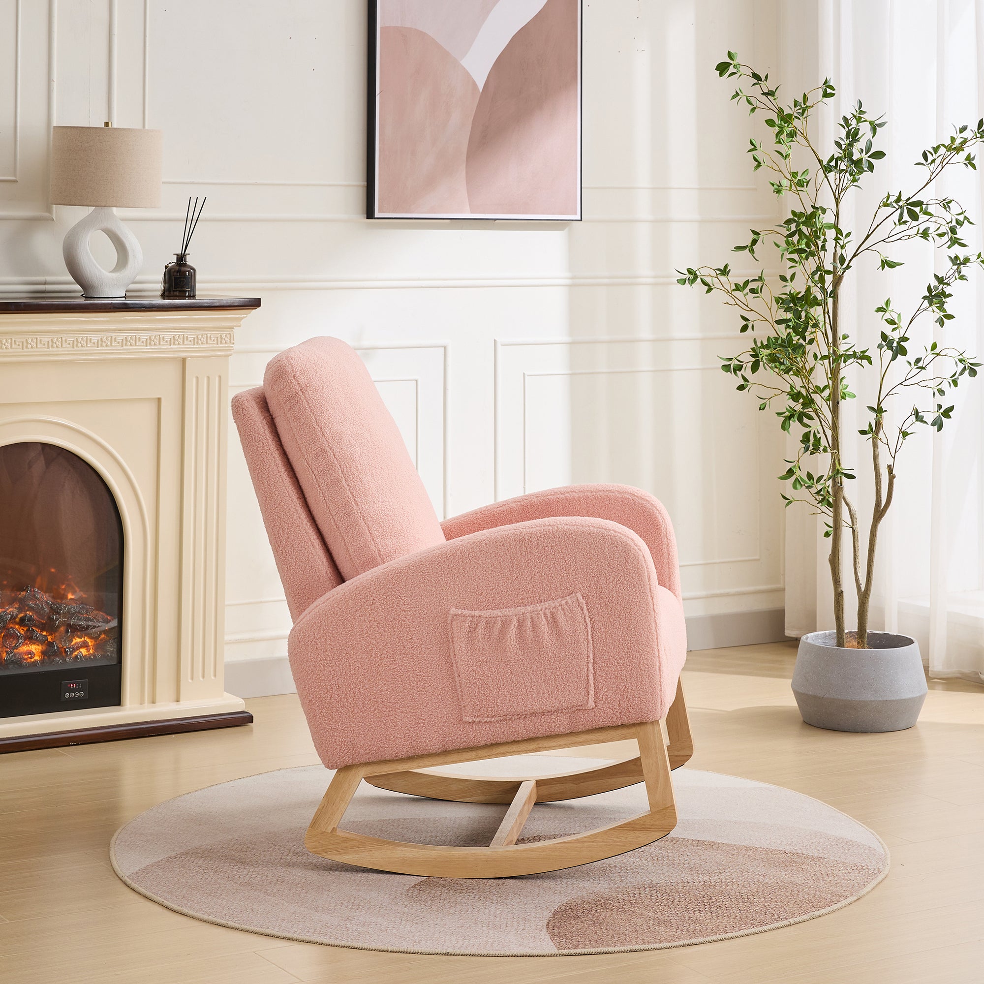 27.2'W Rocking Chair for Nursery, Sherpa Glider Chair with High Back and Side Pocket, Rocking Accent Armchair with Rubber Wood Legs for Living Room/Bedroom.Pink - Grand Goldman Shop