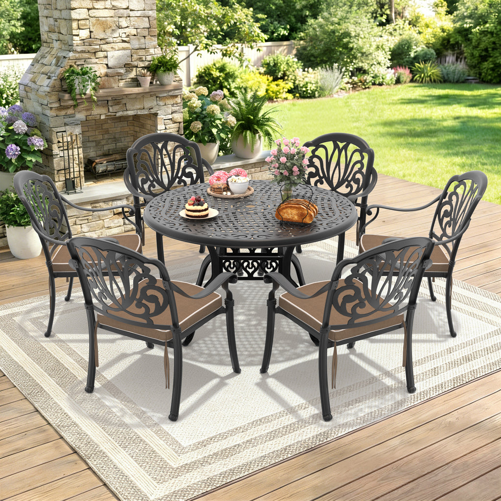 7-Piece Set Of Cast Aluminum Patio Furniture With Black Frame and Brown Seat Cushions(same as: W1710S00482 , W1710S00140)