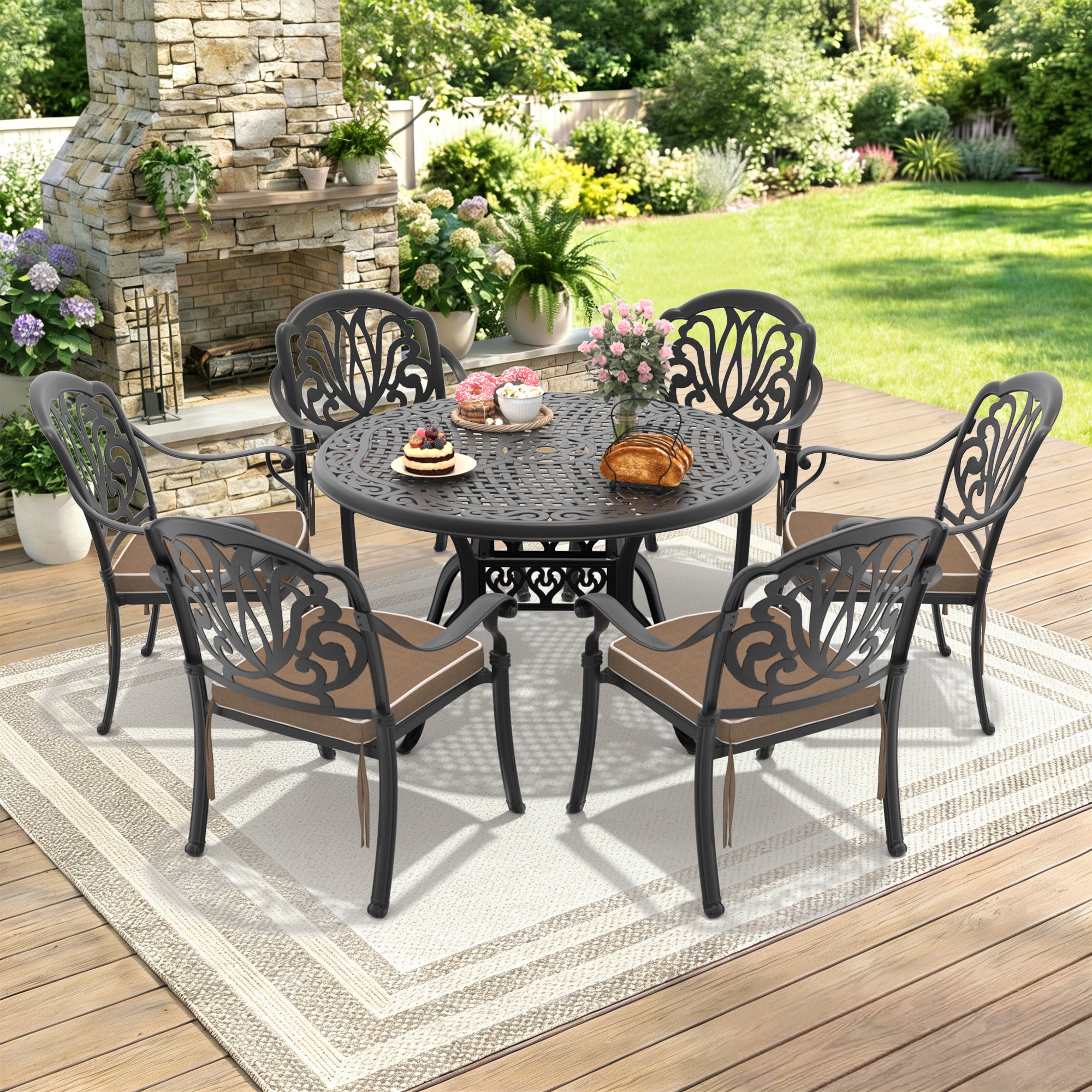 7-Piece Set Of Cast Aluminum Patio Furniture With Black Frame and Brown Seat Cushions(same as: W1710S00482 , W1710S00140)