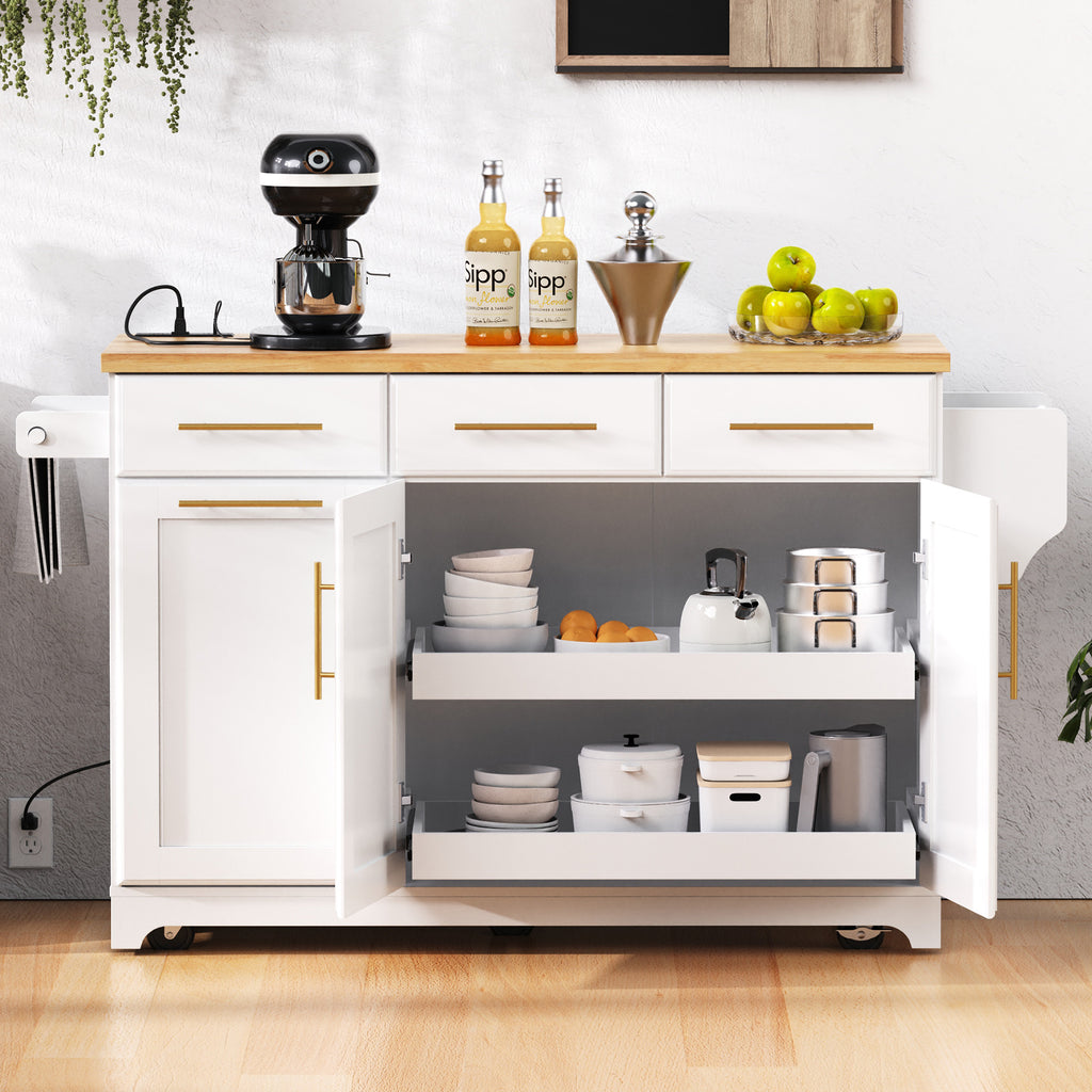 K&K 59.3' Kitchen Island with Storage 2 Pull Out Cabinet Organizers & Rubber Wood Drop Leaf, Rolling Kitchen Island with Trash Can Storage, Power Outlet, Spice & Towel Rack for Kitchen, Dining, White - Grand Goldman Shop