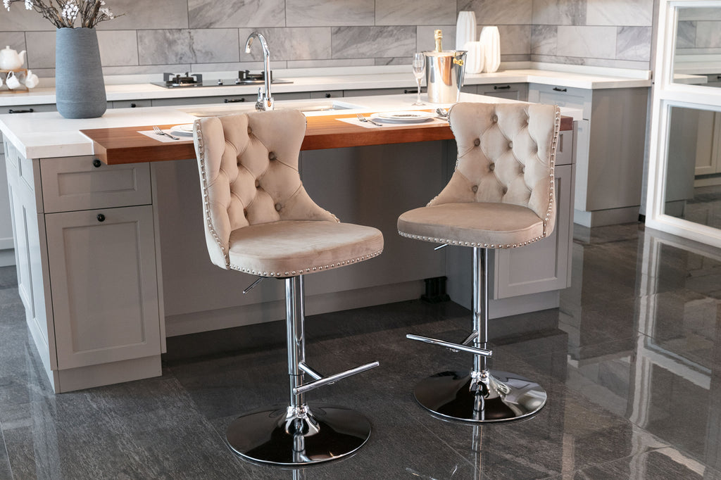 A&A Furniture,Swivel Velvet Barstools Adjusatble Seat Height from 25-33 Inch, Modern Upholstered Chrome base Bar Stools with Backs Comfortable Tufted for Home Pub and Kitchen Island（Khaki,Set of 2） - Grand Goldman Shop
