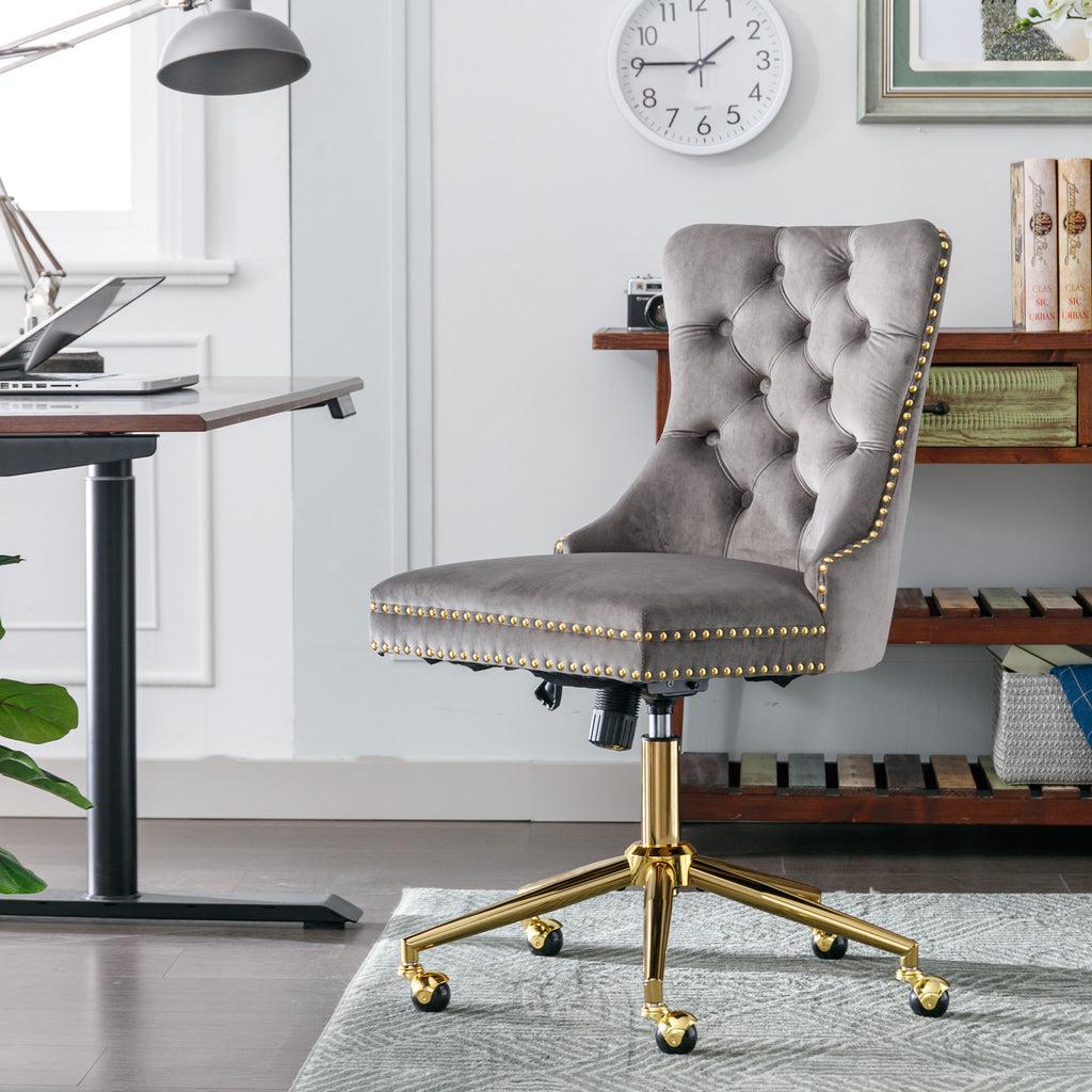 A&A Furniture Office Chair,Velvet Upholstered Tufted Button Home Office Chair with Golden Metal Base,Adjustable Desk Chair Sw