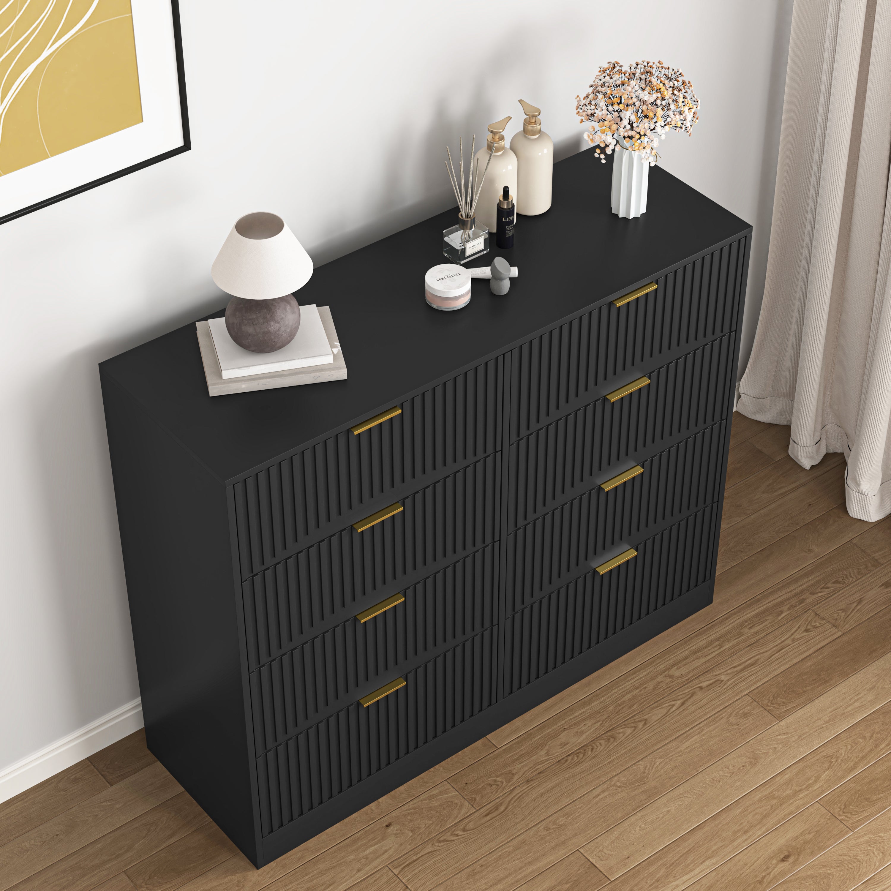 Modern 8 Drawers Dresser Chests for Bedroom,47.2' Wide Wood Chest of Drawers with Gold Metal Handle,Drawer Organizer for Bedroom,Living Room,Hallway and Entryway,Black - Grand Goldman Shop