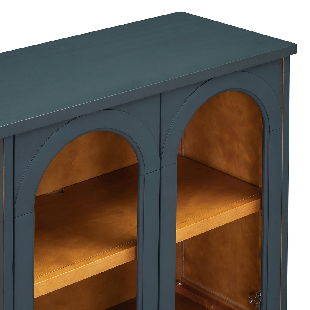 TREXM 4-Door Large Storage Buffet Cabinet with Glass Doors, Arched Cabinet with Adjustable Shelves for Kitchen, Dining Room and Living Room (Navy) - Grand Goldman Shop