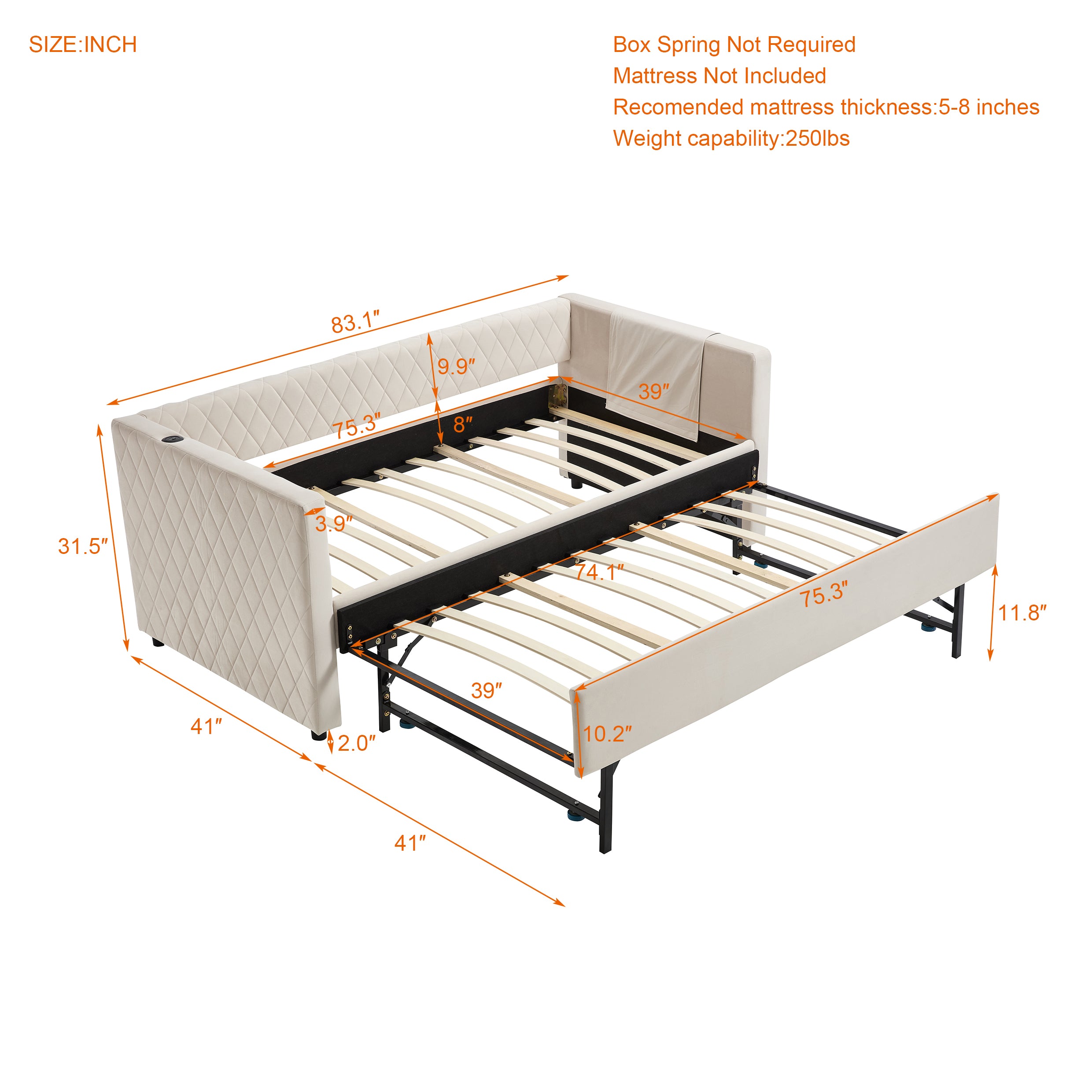 Beige velvet daybed, sturdy wooden bed frame, modern diamond grid pull-out design, perfect for bedroom, living room furniture - Grand Goldman Shop