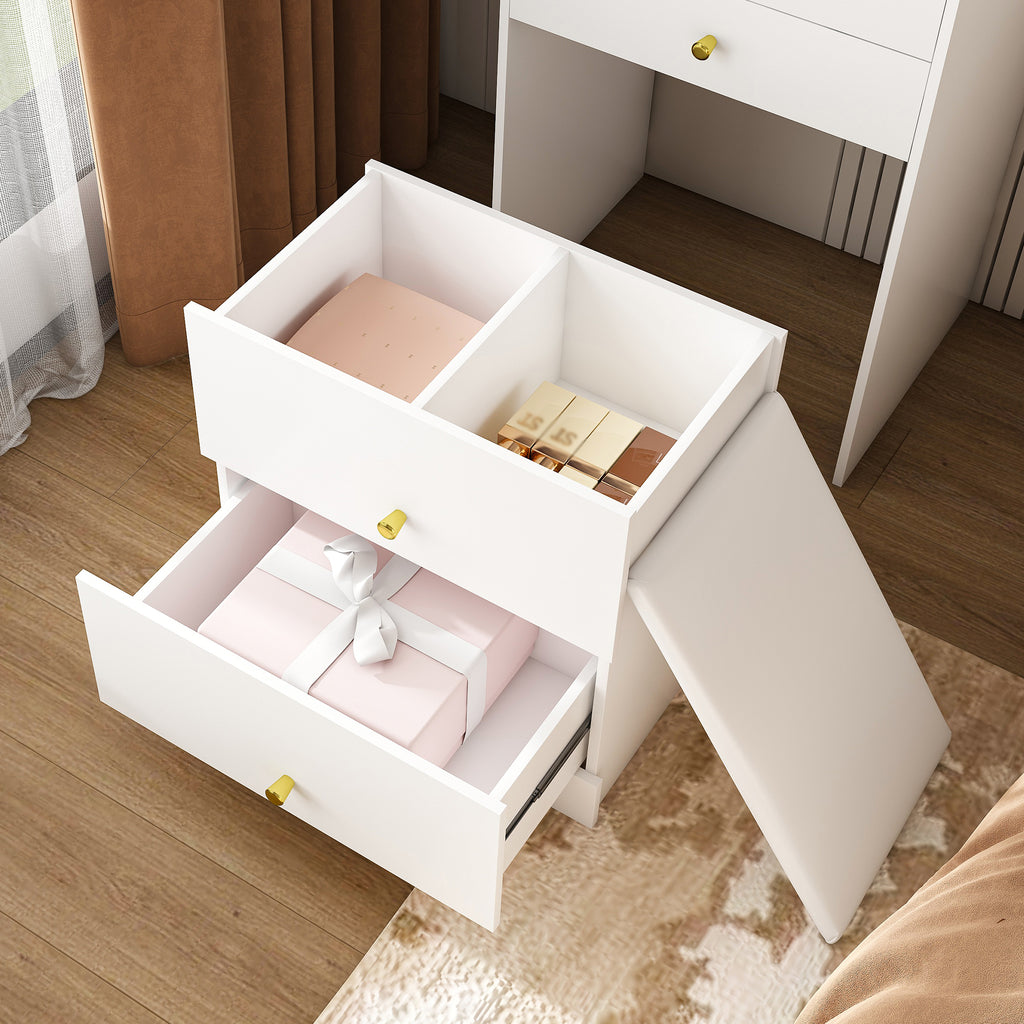3-in-1 Dressing Table with LED Mirror & Storage Stool, Compact Makeup Vanity, White MDF, 50.39x19.69x15.75 inches - Grand Goldman Shop